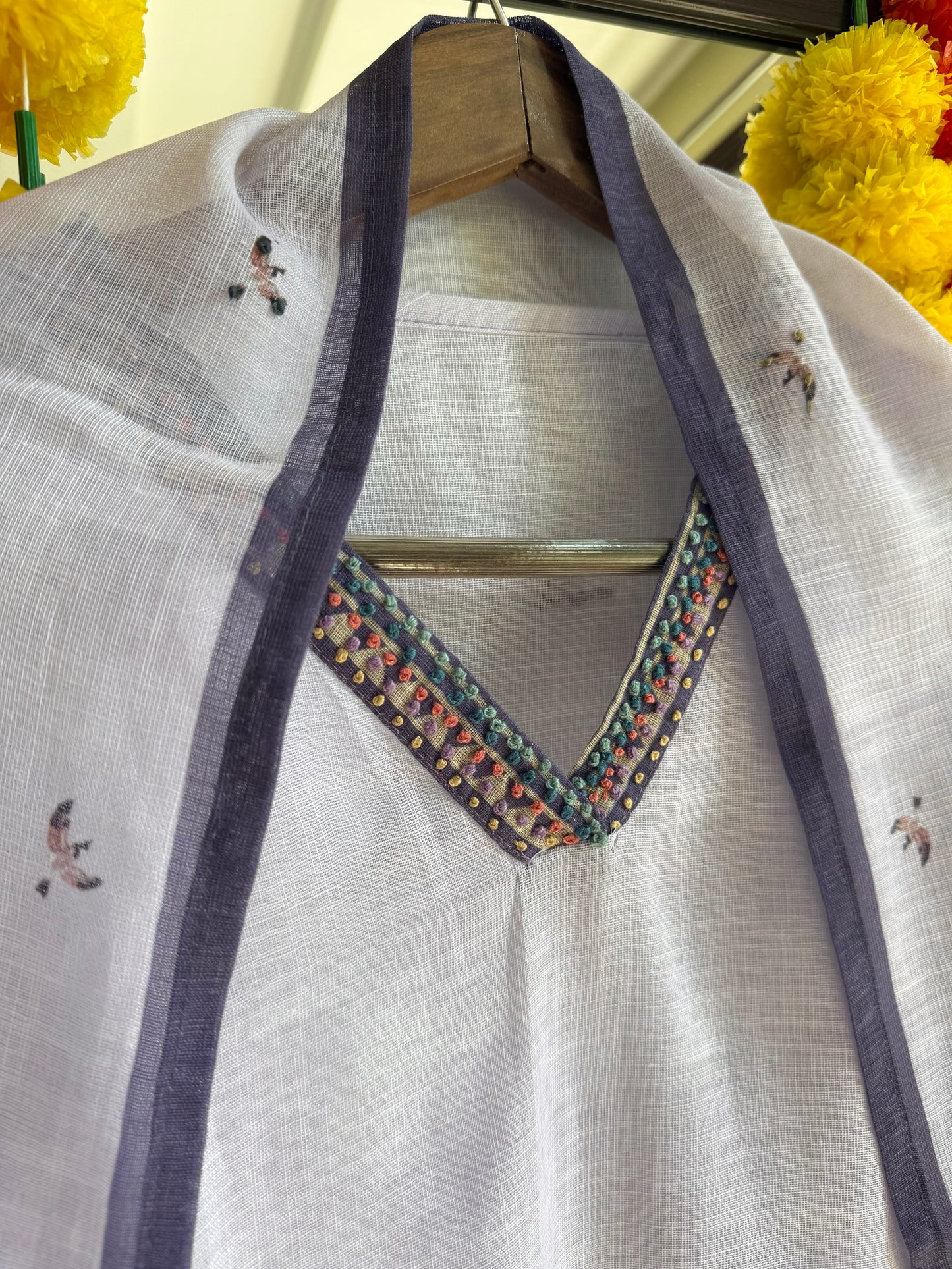 Pure linen frenchknot kantha work suit
