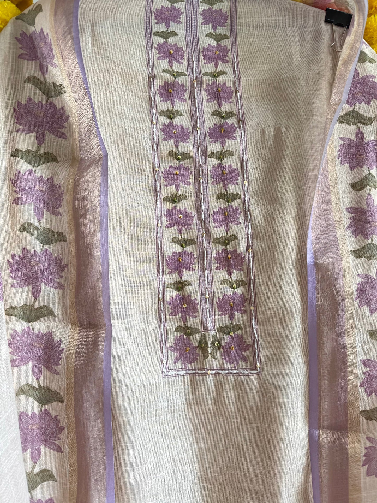 Pure linen lotus kantha work suit