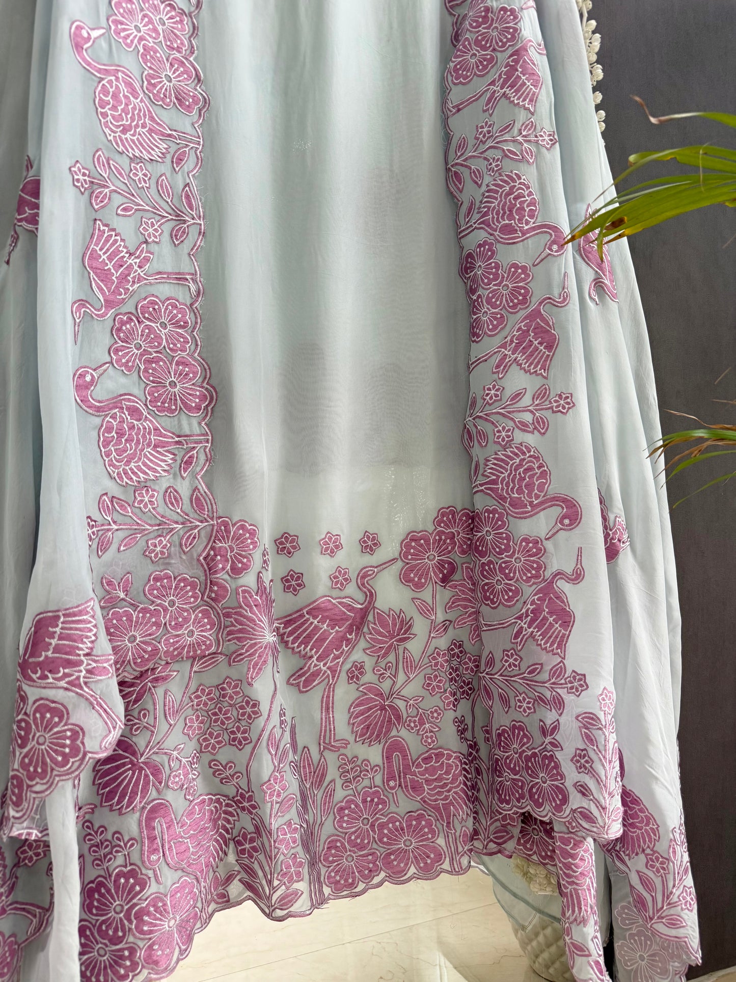 Organza appliqué work flamingos suit