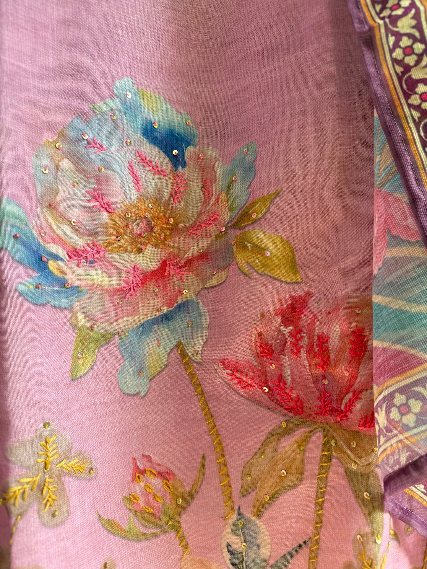 Pure linen lotus kantha work suit