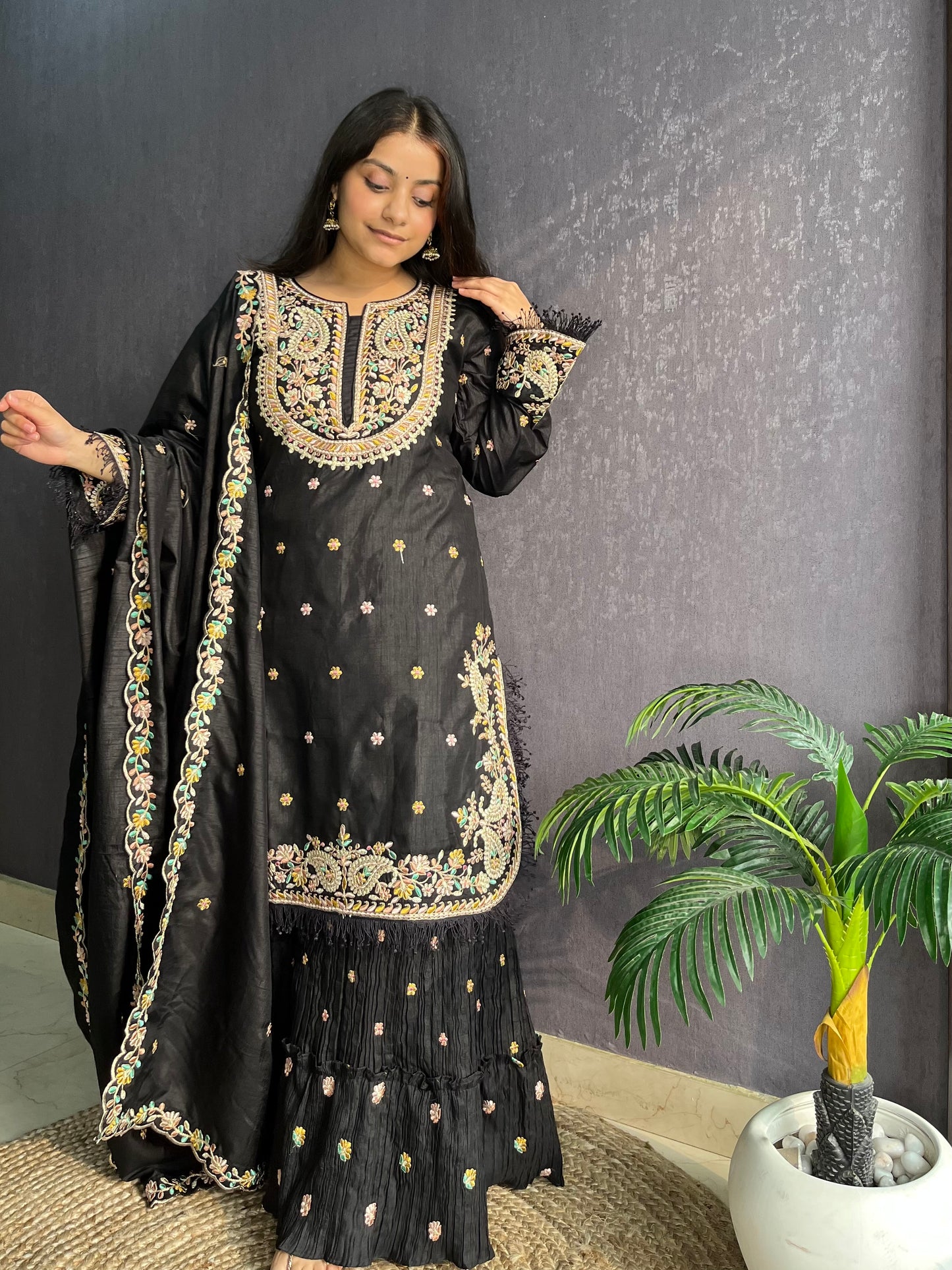 Silk embroidered shrara suit