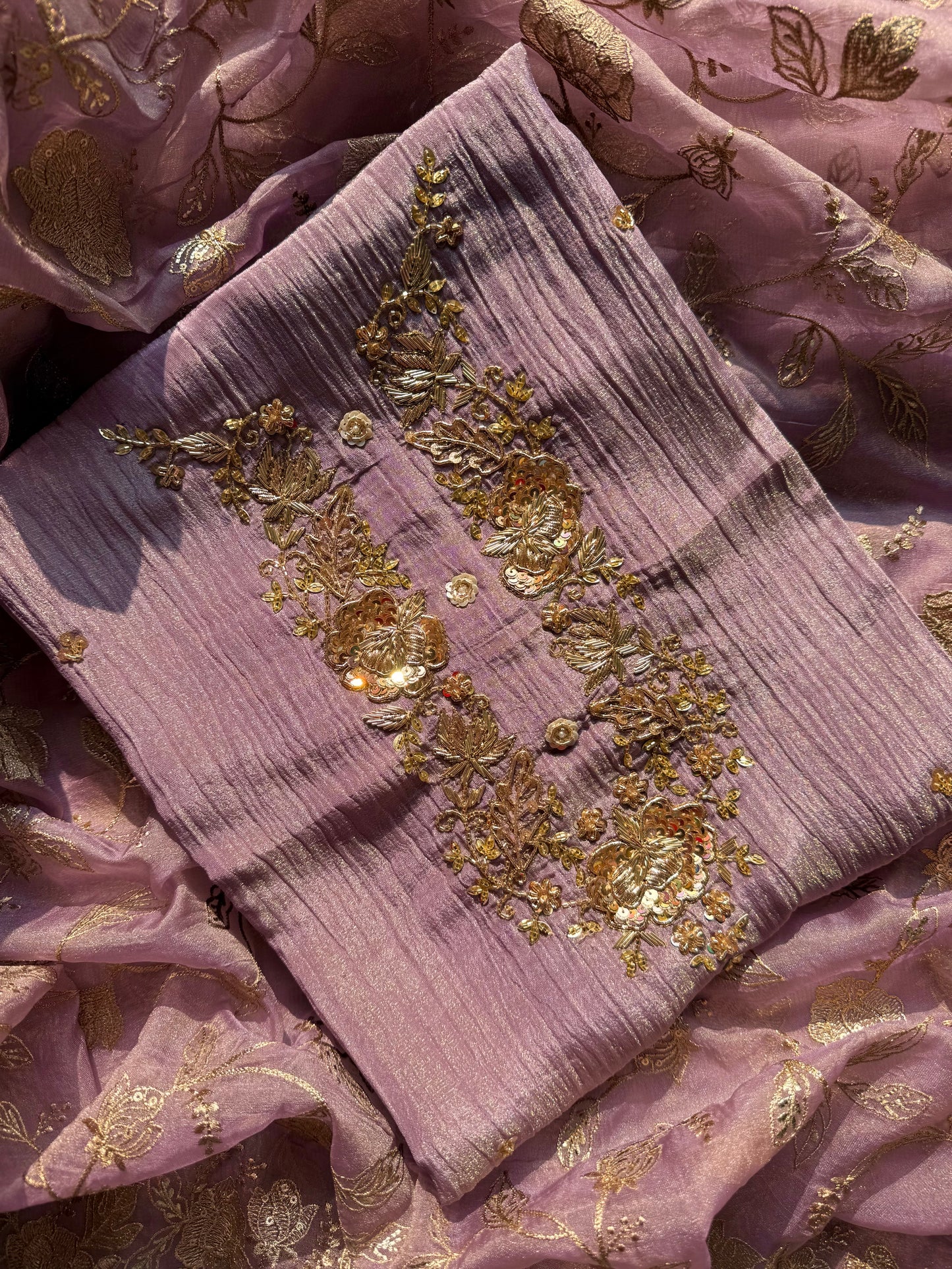 Luxurious crush tissue zardozi embroidered suit