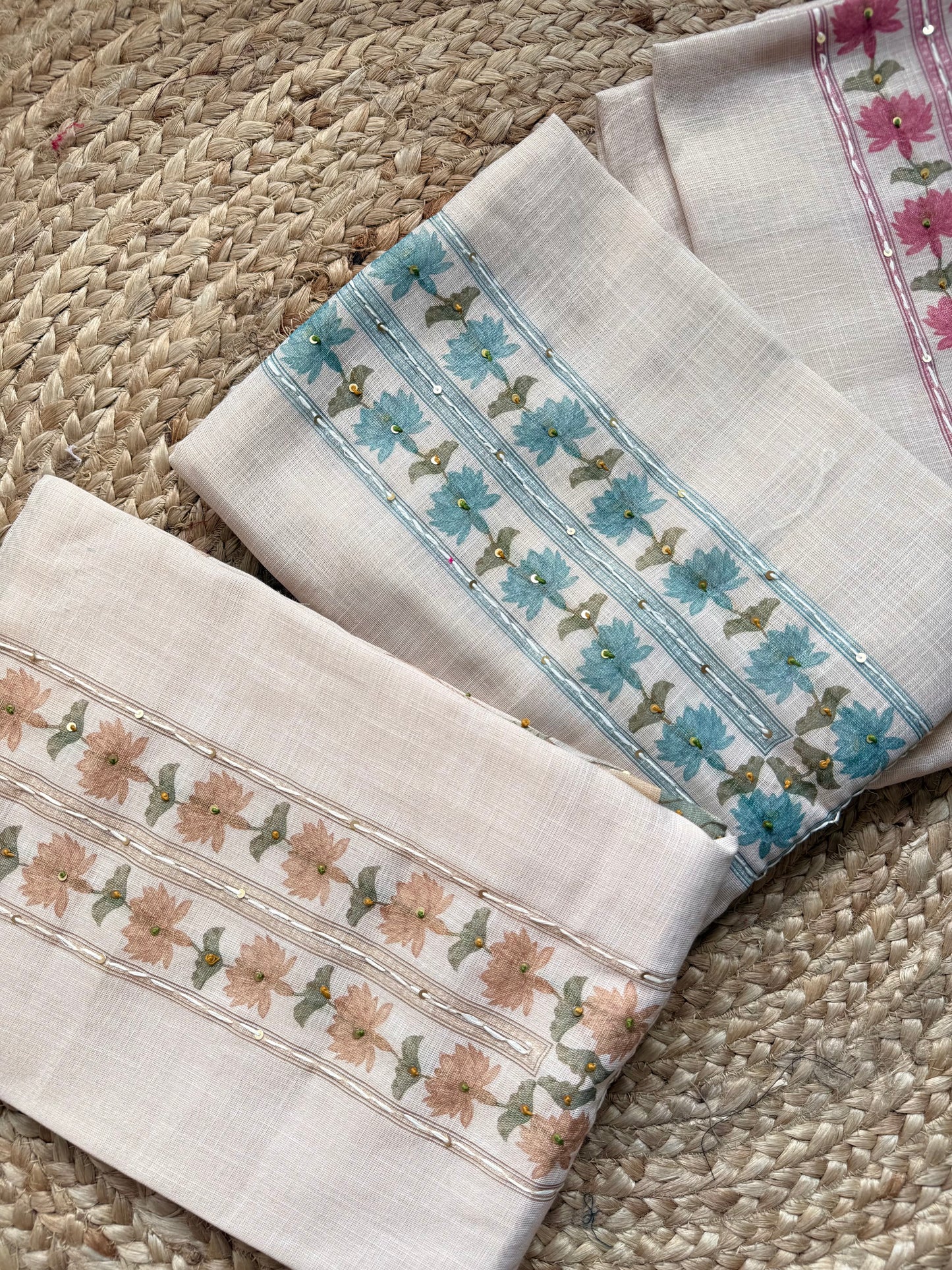 Pure linen lotus kantha work suit