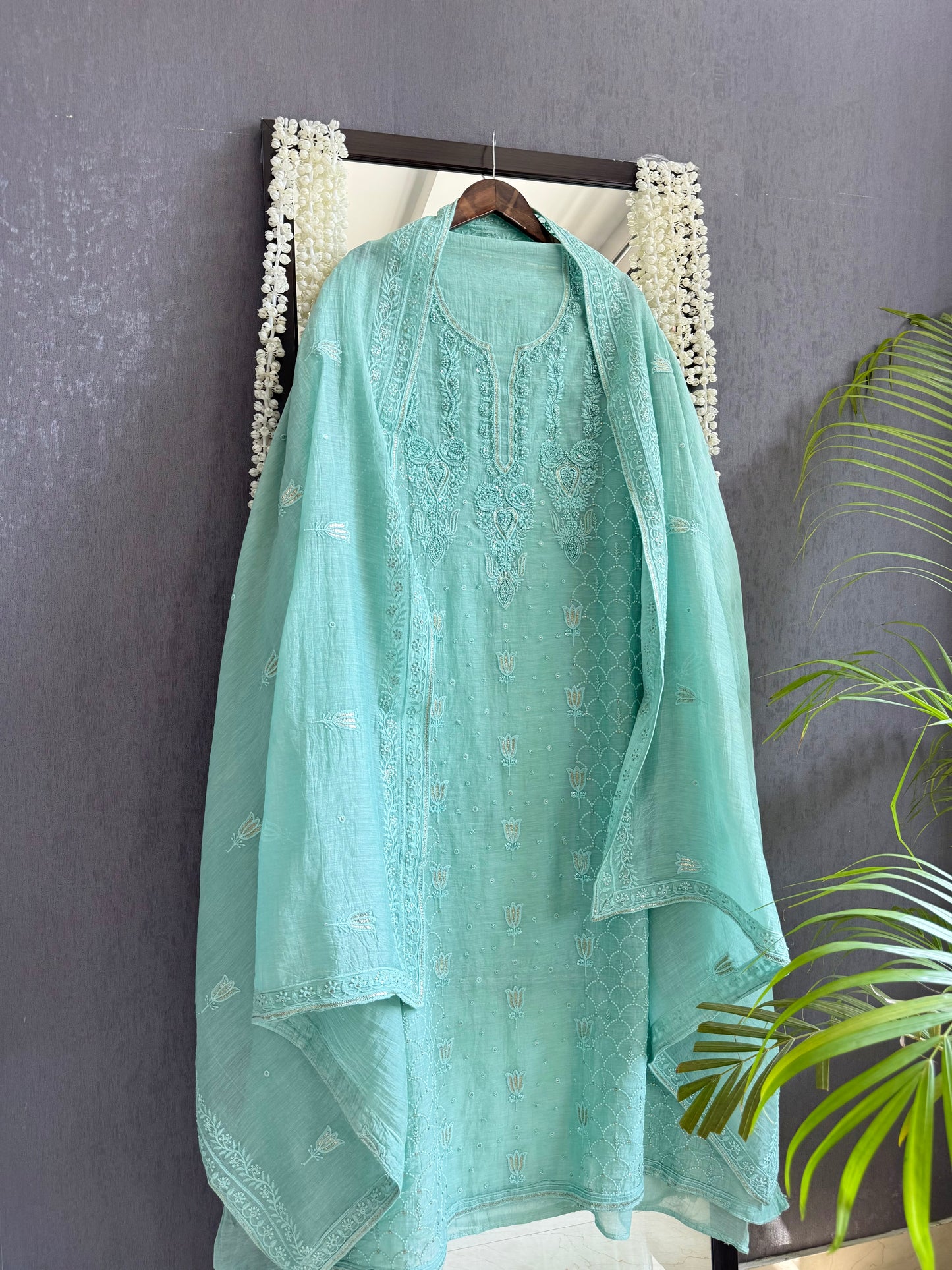 Luxurious Mul chanderi lucknowi lotus and hearts suit