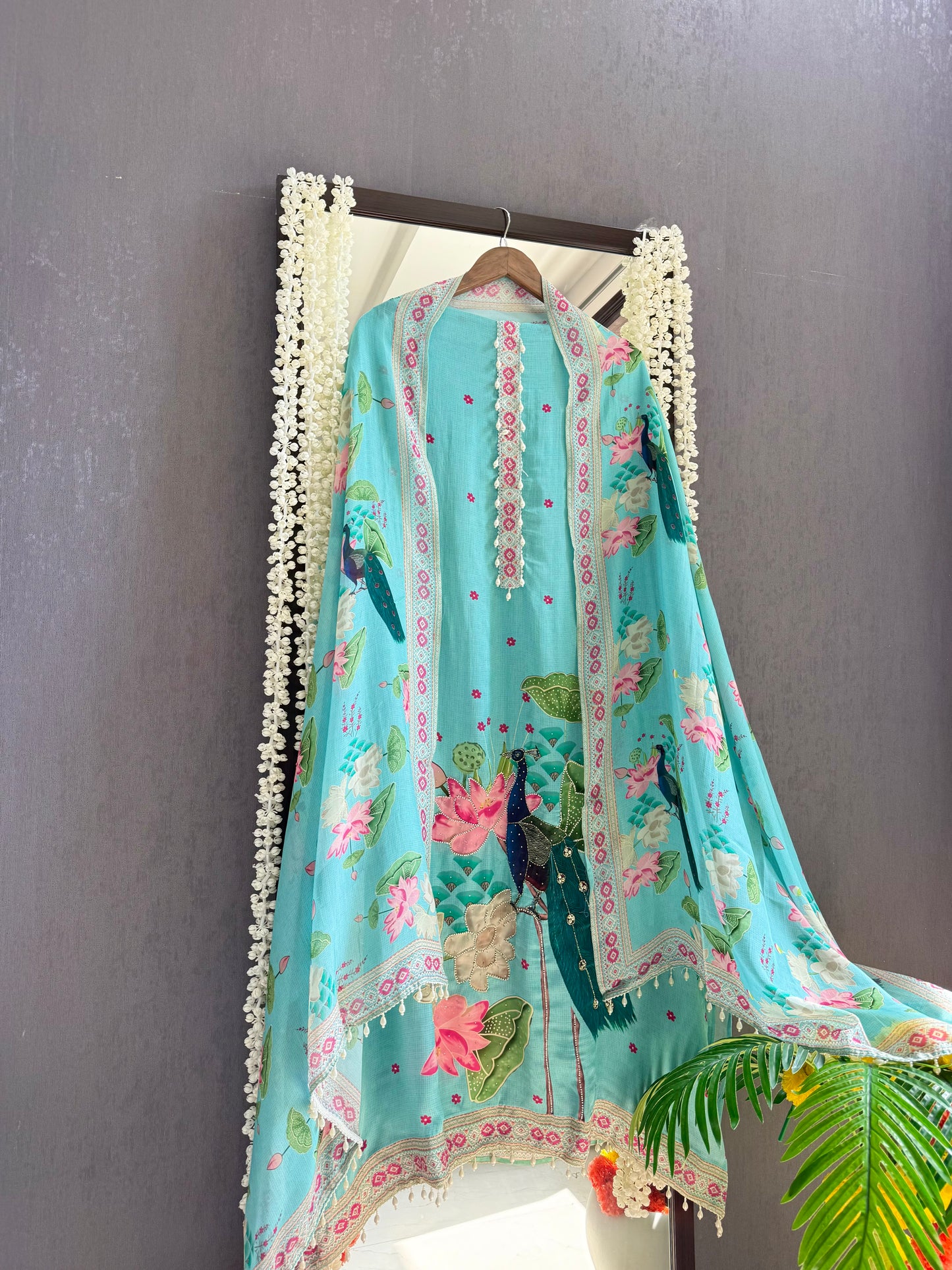 Soft silk peacock hand work suit