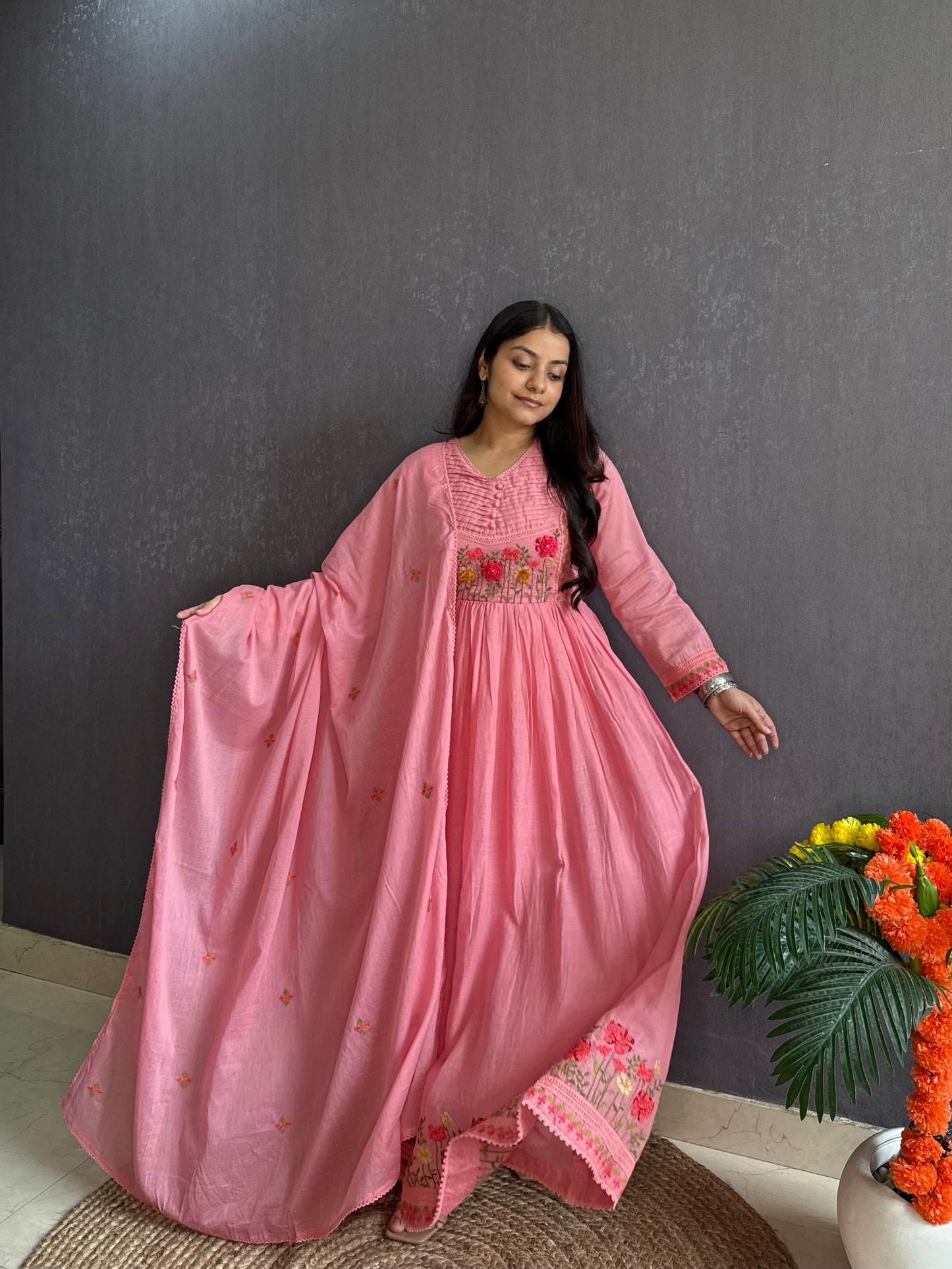 Mal cotton roses embroidered french knot Anarkali