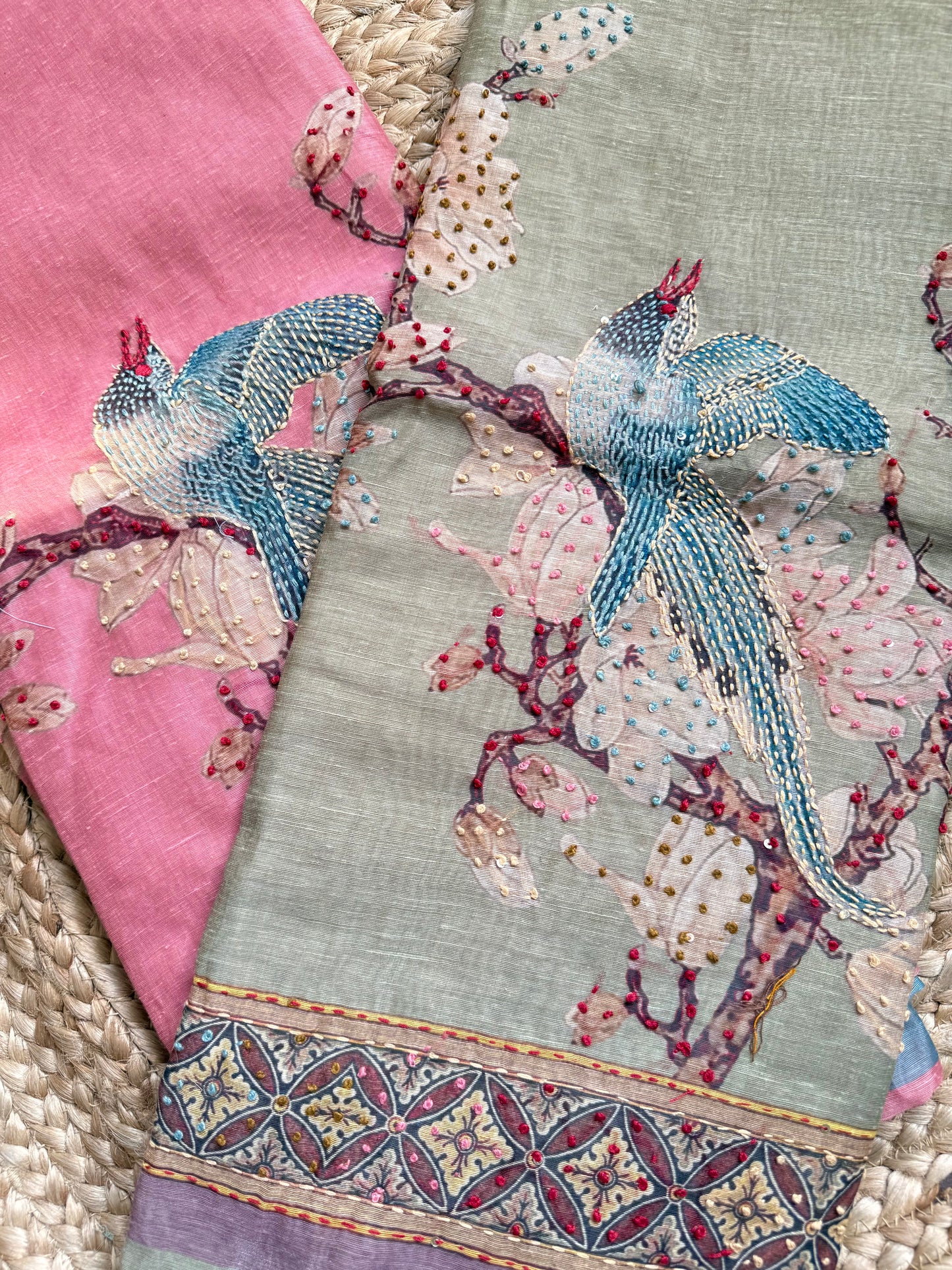 Pure linen swans frenchknot kantha work suit