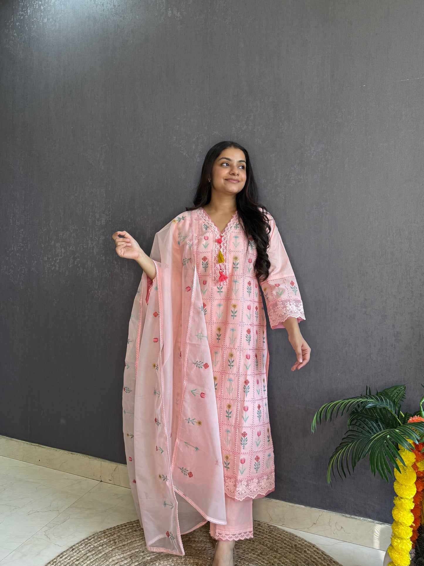 Cotton checked floral designer suit
