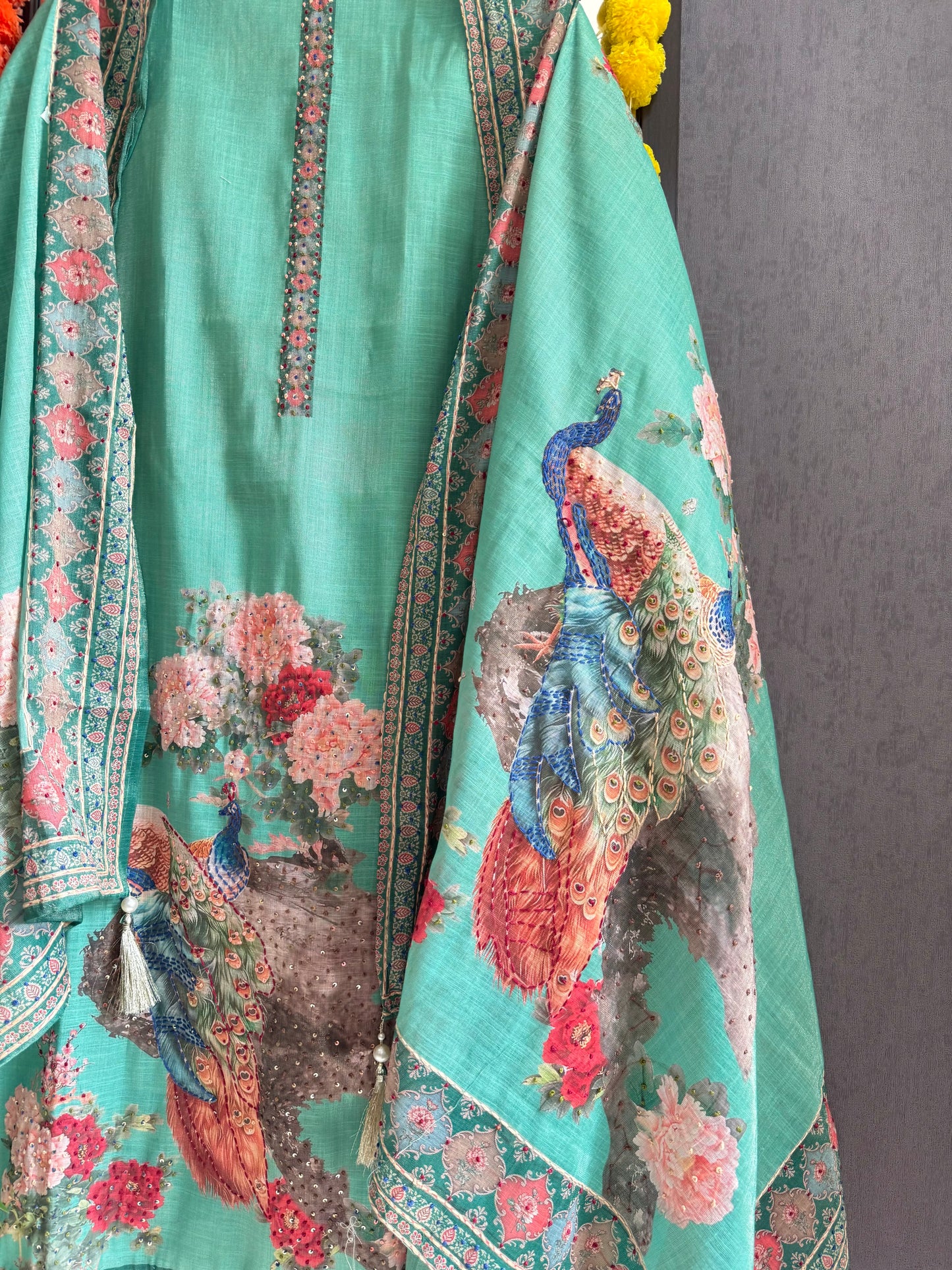 Pure linen peacock kantha work suit