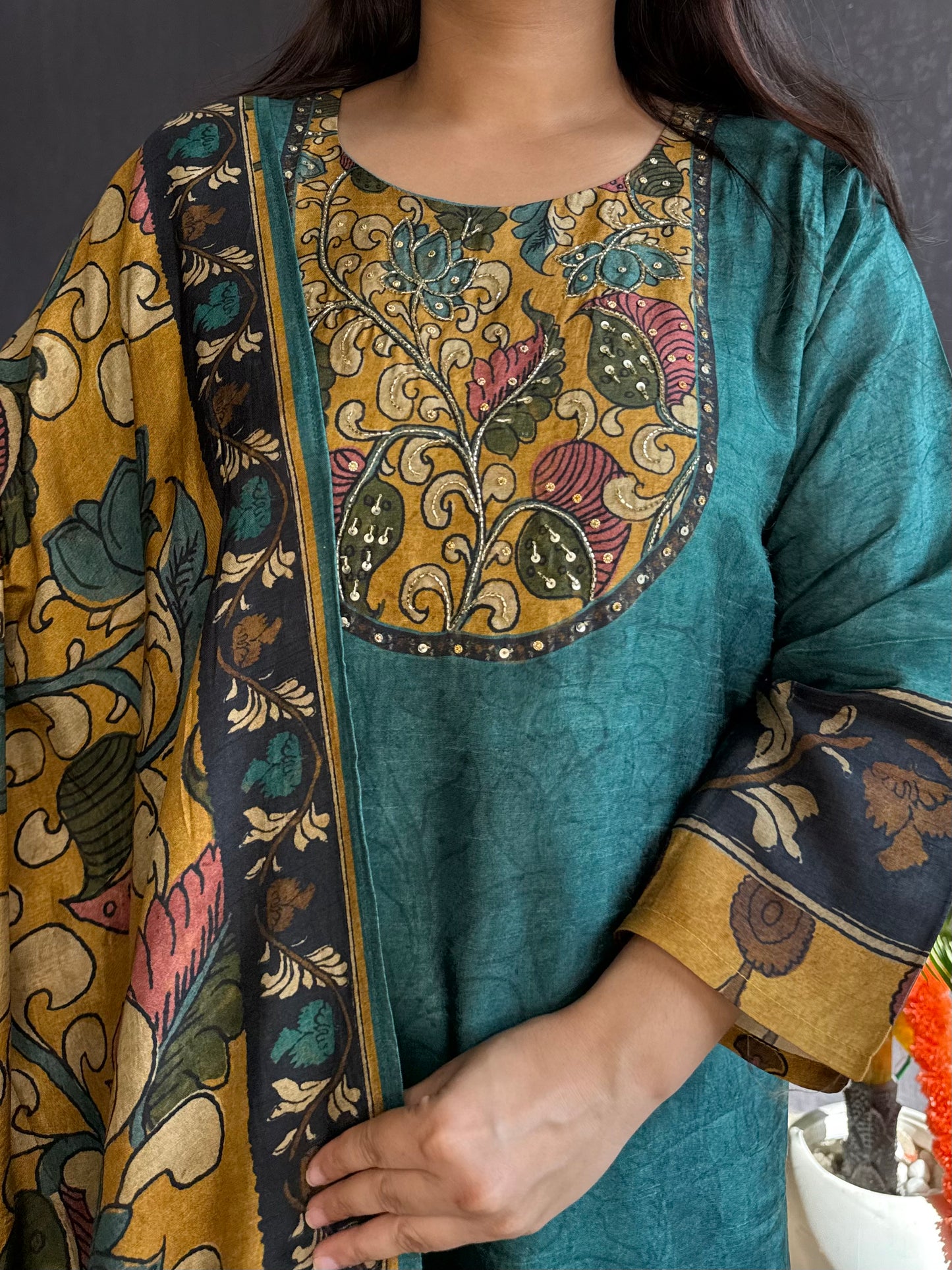 Tussar kalamkari lotus suit set