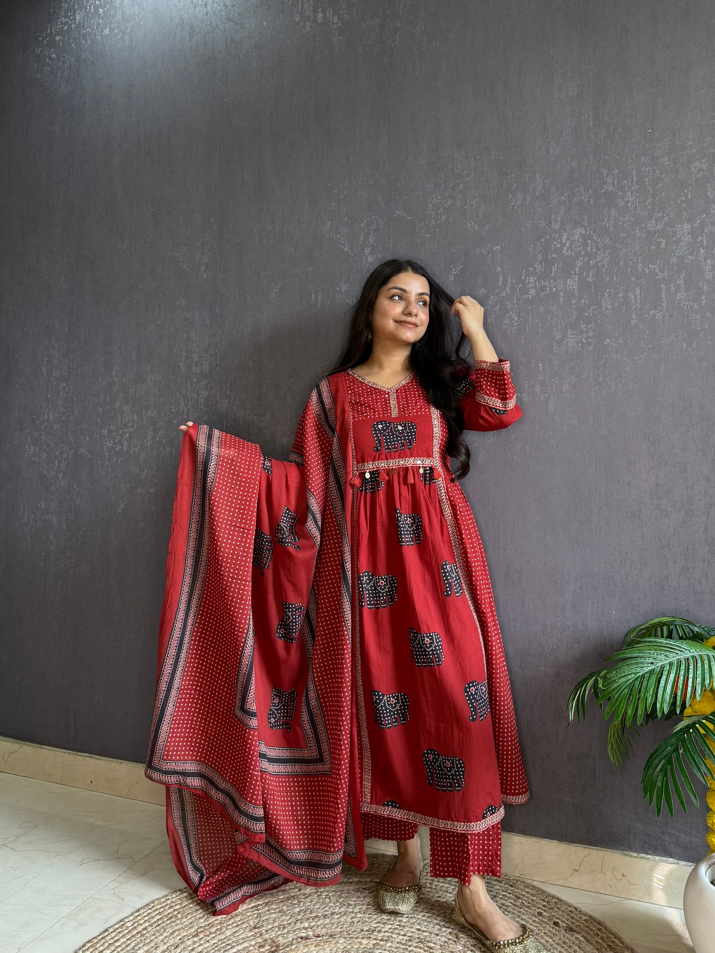 Ajrakh elephants handwork A line suit set