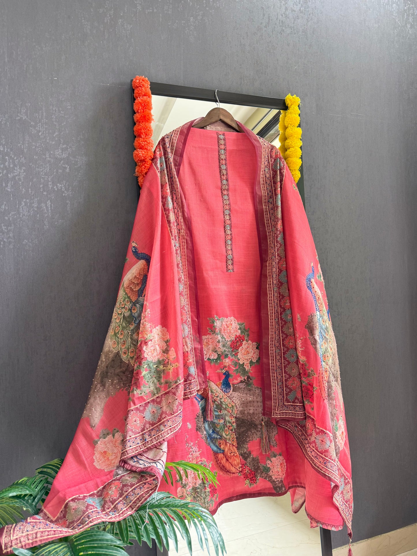 Pure linen peacock kantha work suit
