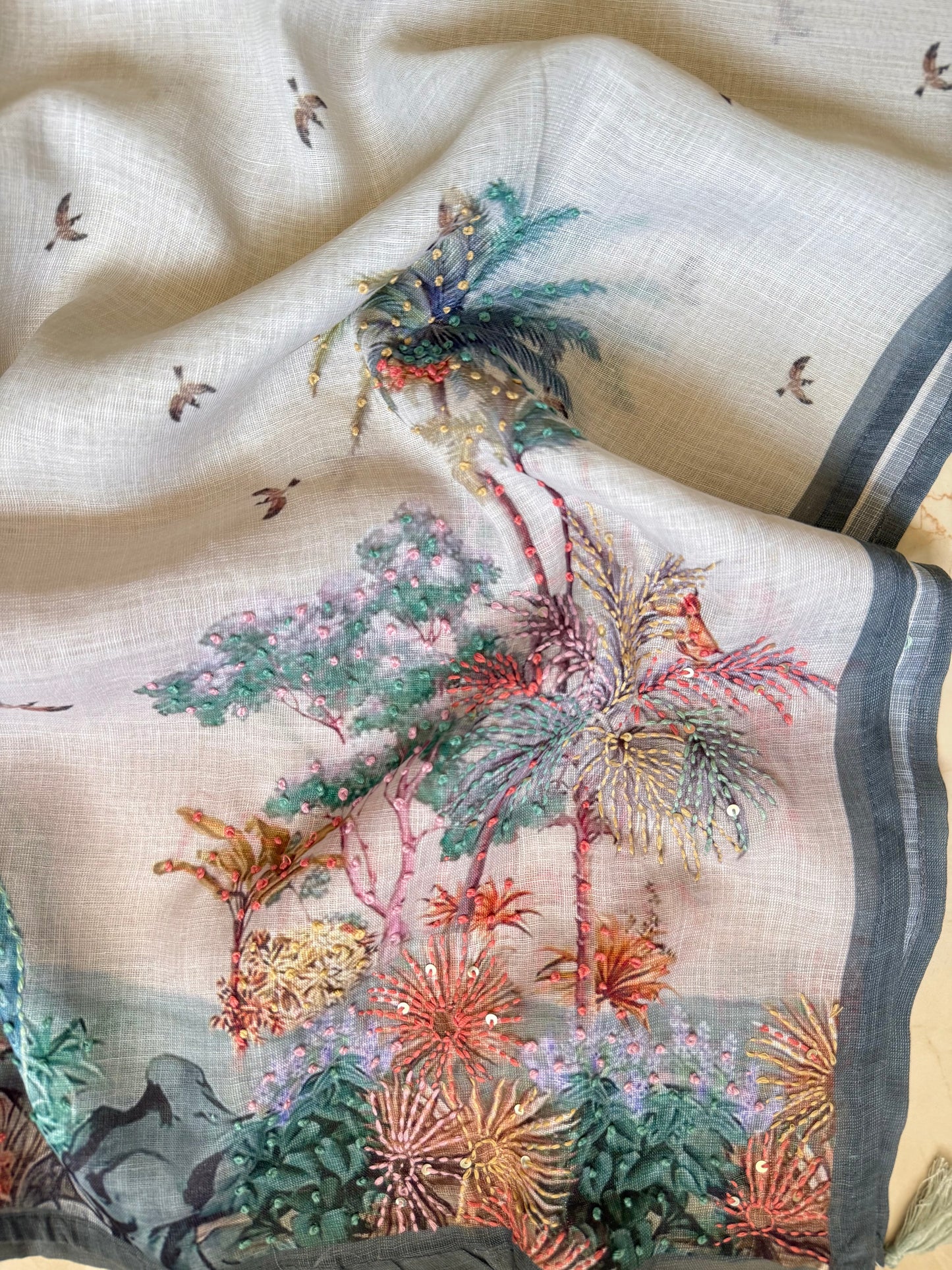 Pure linen frenchknot kantha work suit