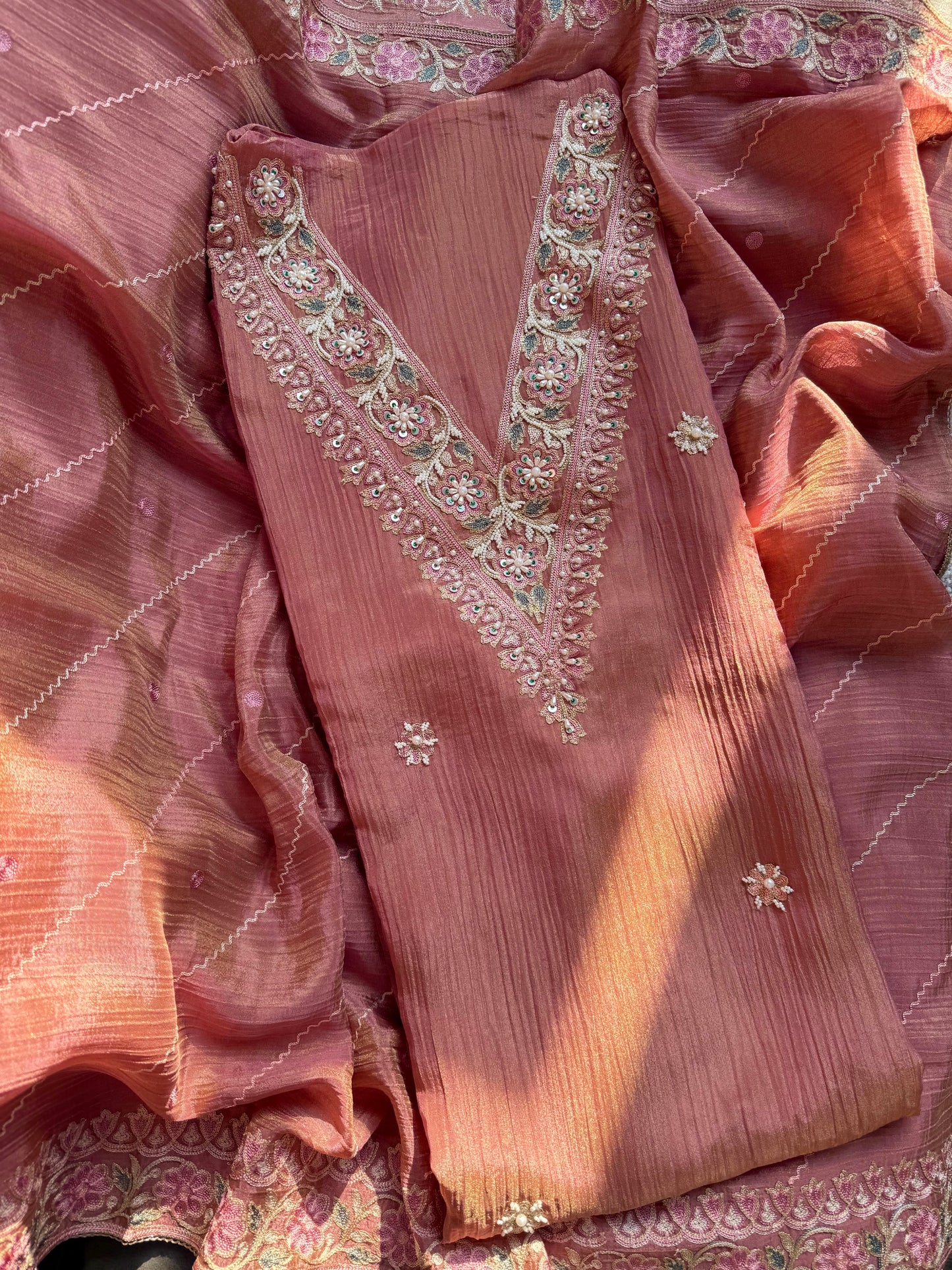 Crush tissue kashmiri aari work suit