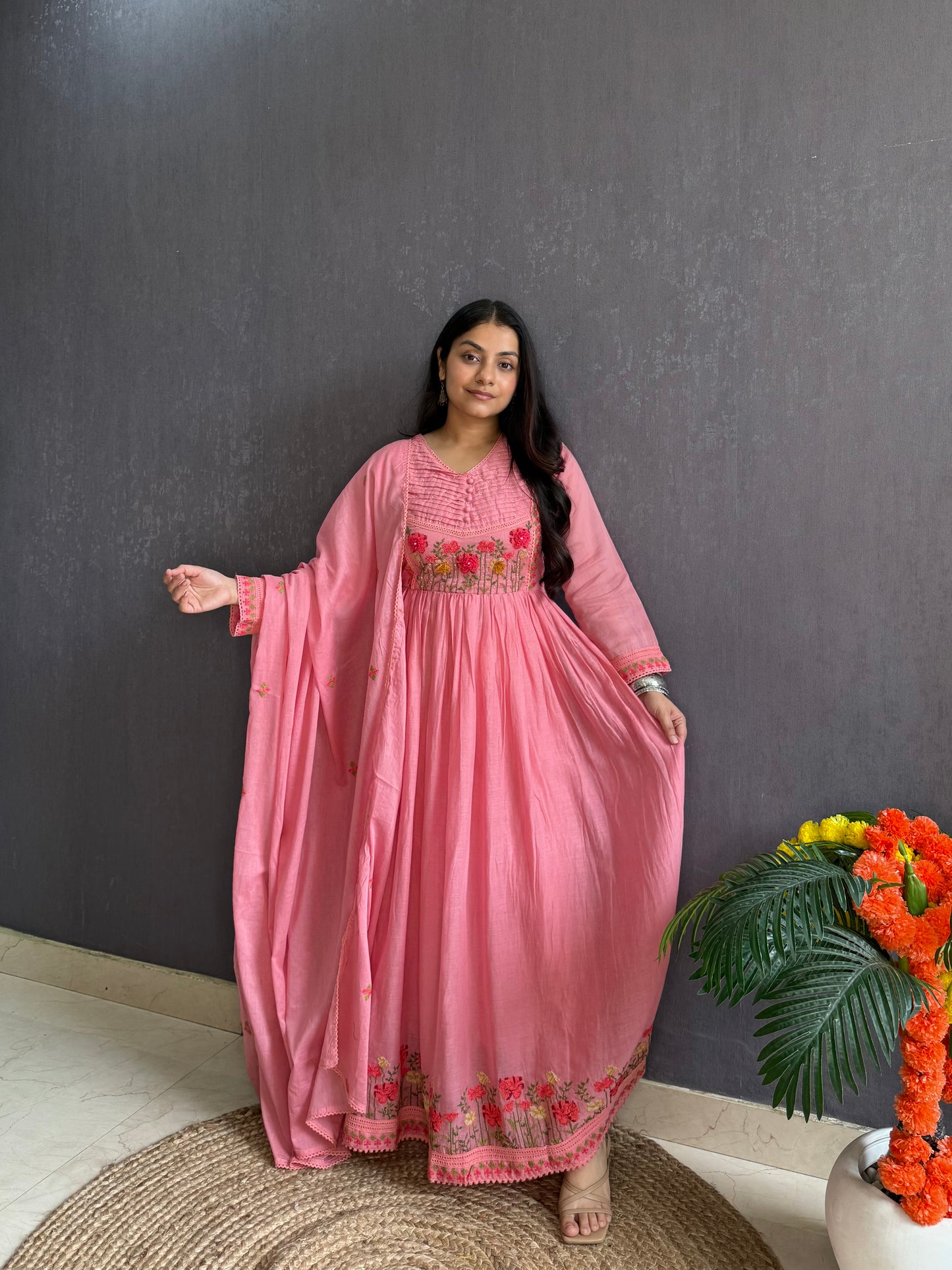 Mal cotton roses embroidered french knot Anarkali