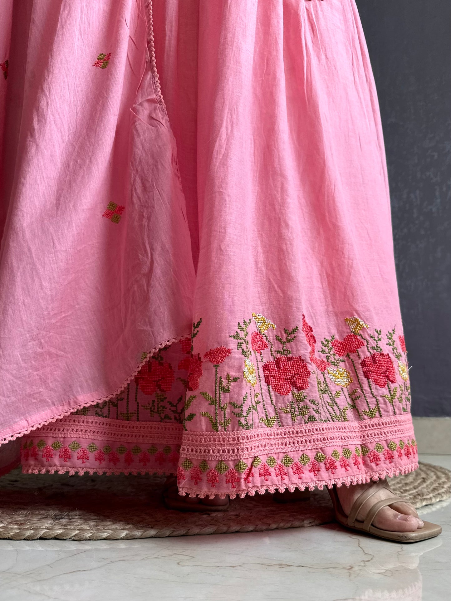 Mal cotton roses embroidered french knot Anarkali