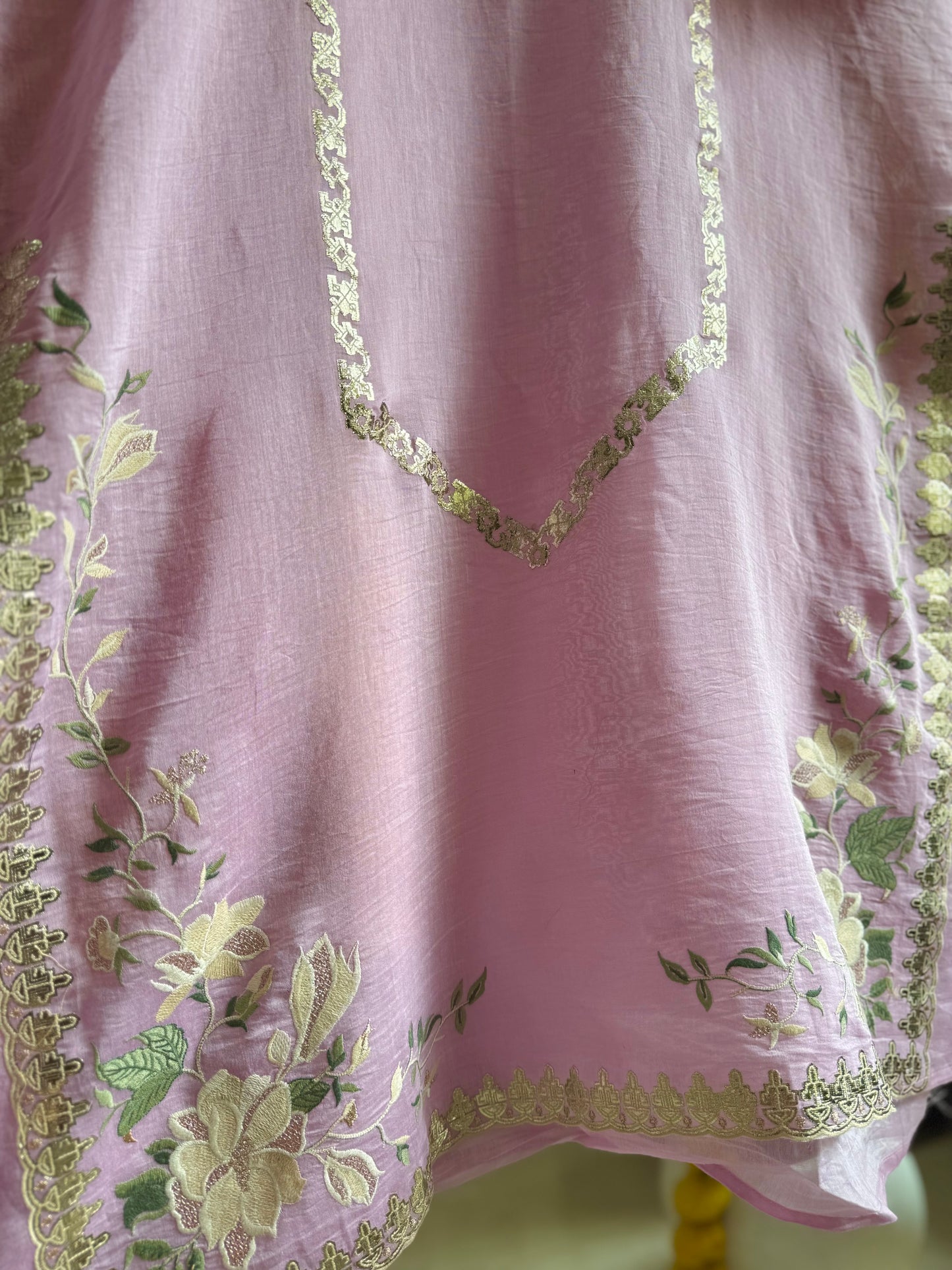 Luxurious Mul chanderi gold appliqué work suit