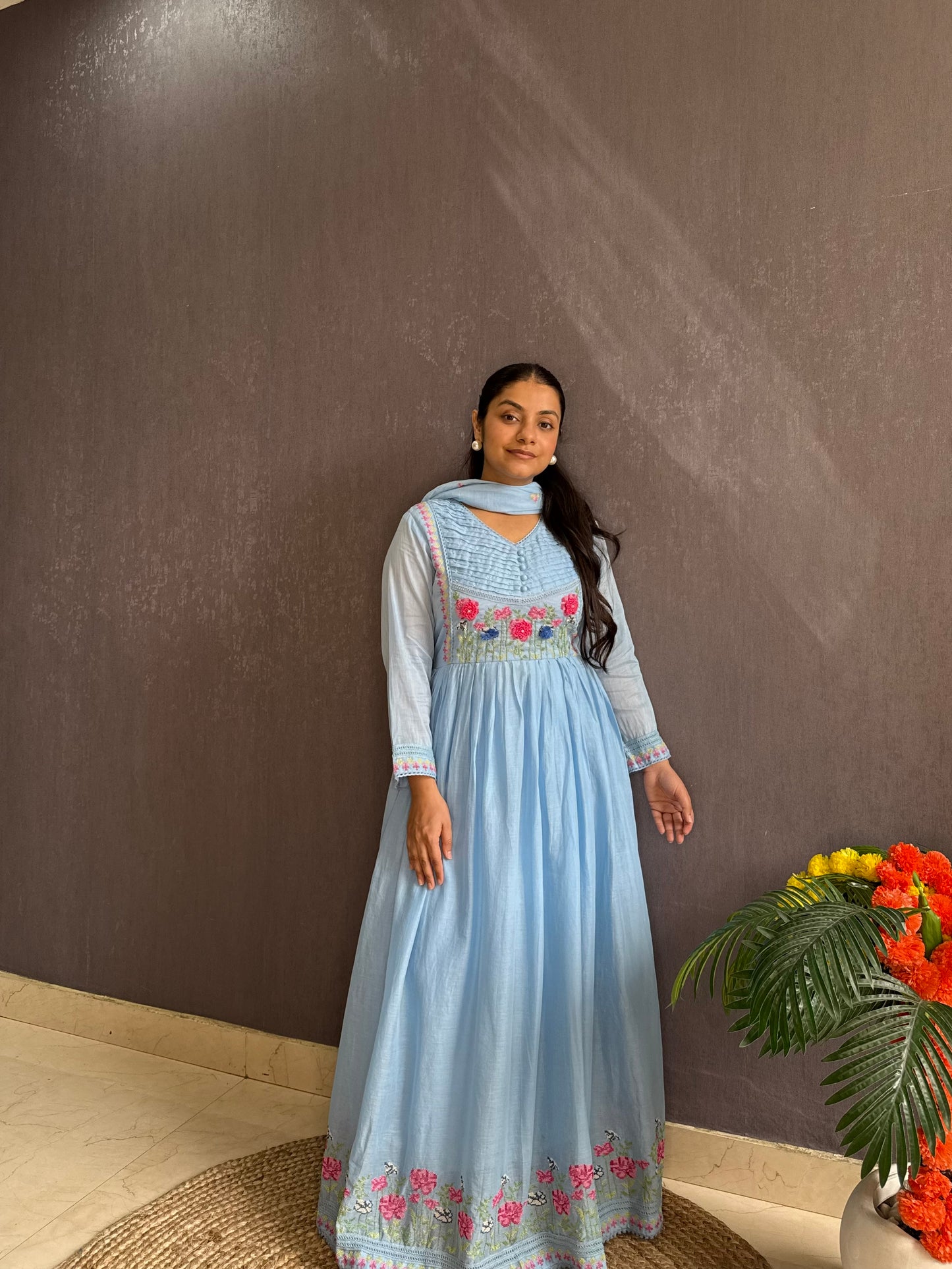 Mal cotton roses embroidered french knot Anarkali
