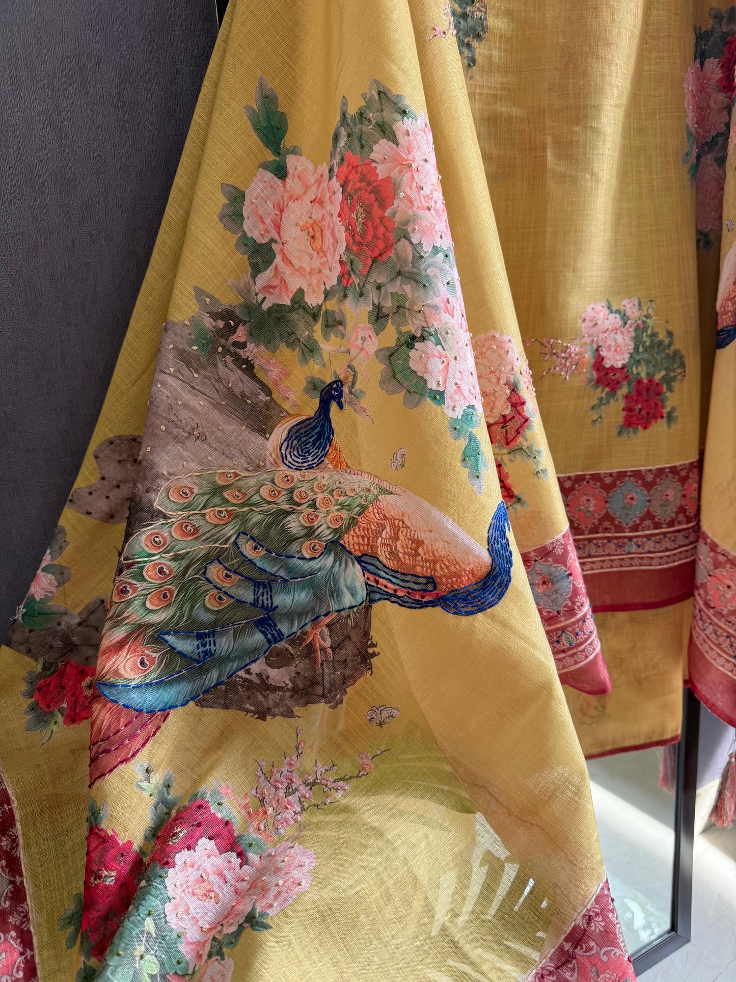 Pure linen peacock kantha work suit