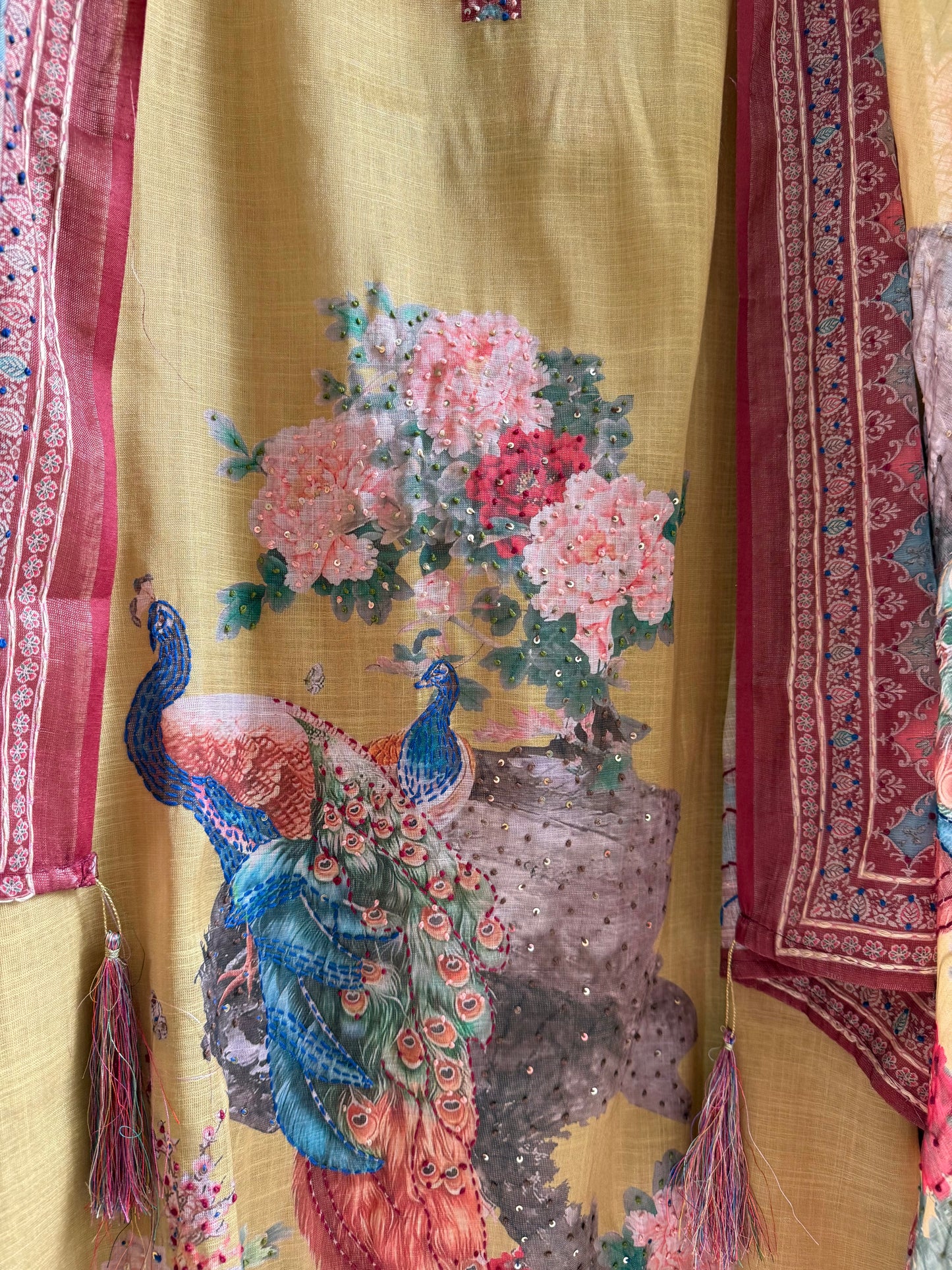 Pure linen peacock kantha work suit