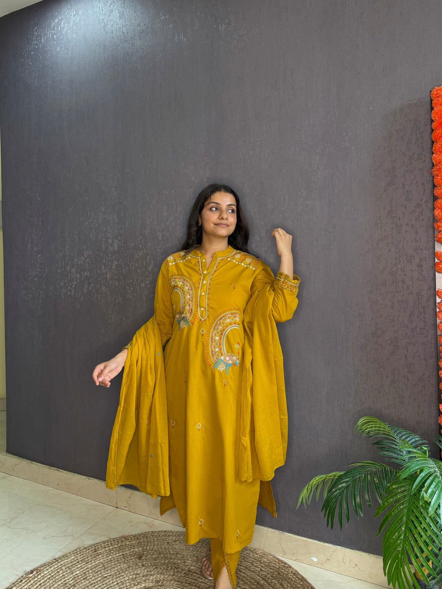 Pure cotton tulip pants peacock suit set