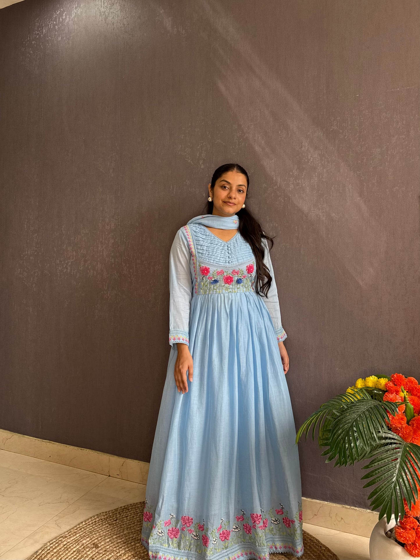 Mal cotton roses embroidered french knot Anarkali