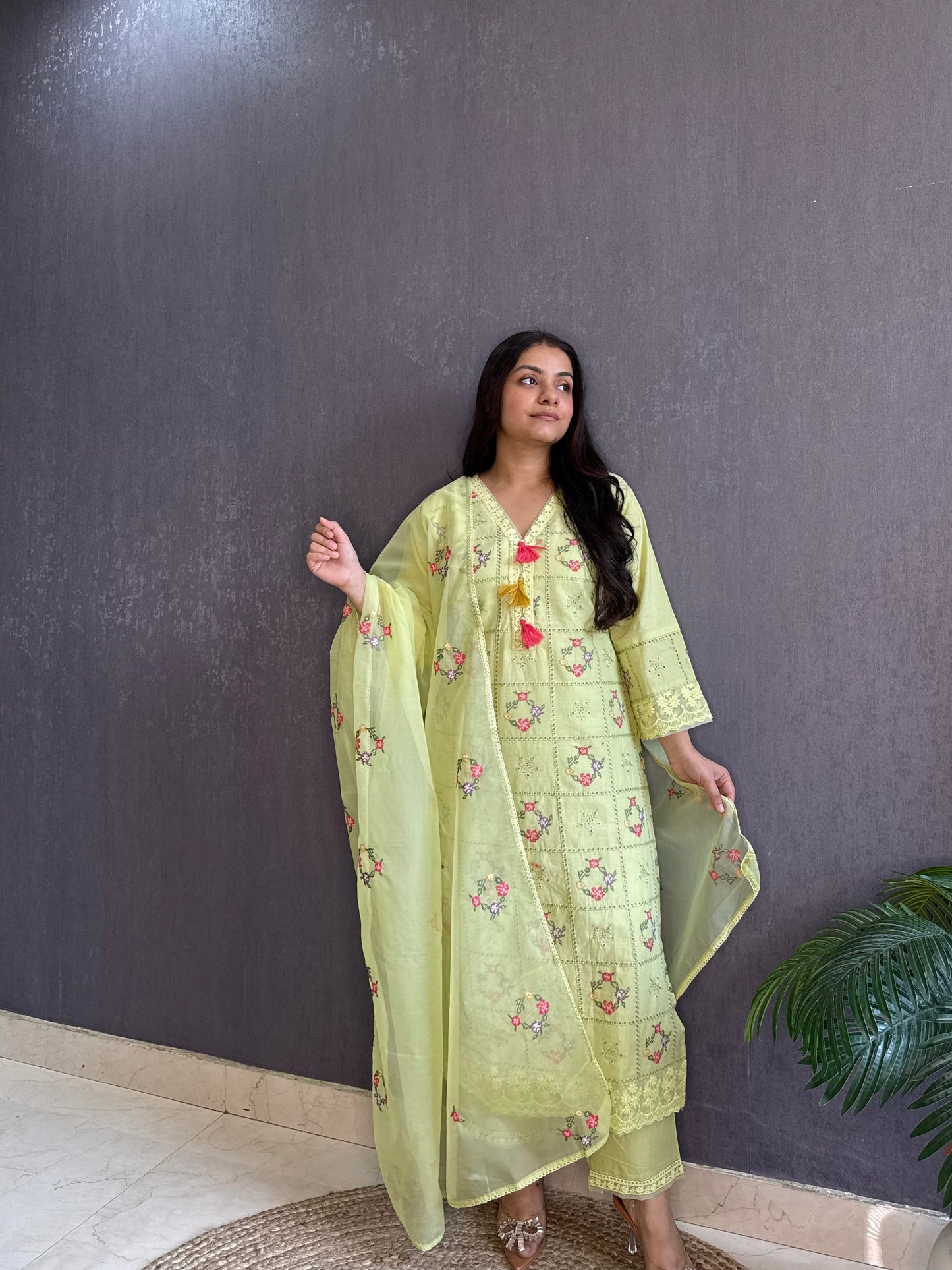Cotton checked floral designer suit