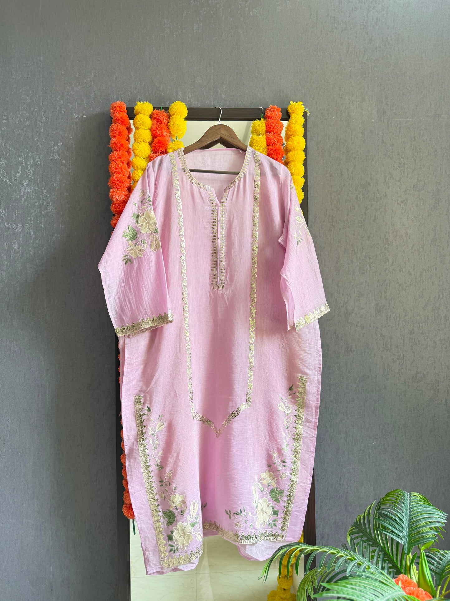 Luxurious Mul chanderi gold appliqué work suit
