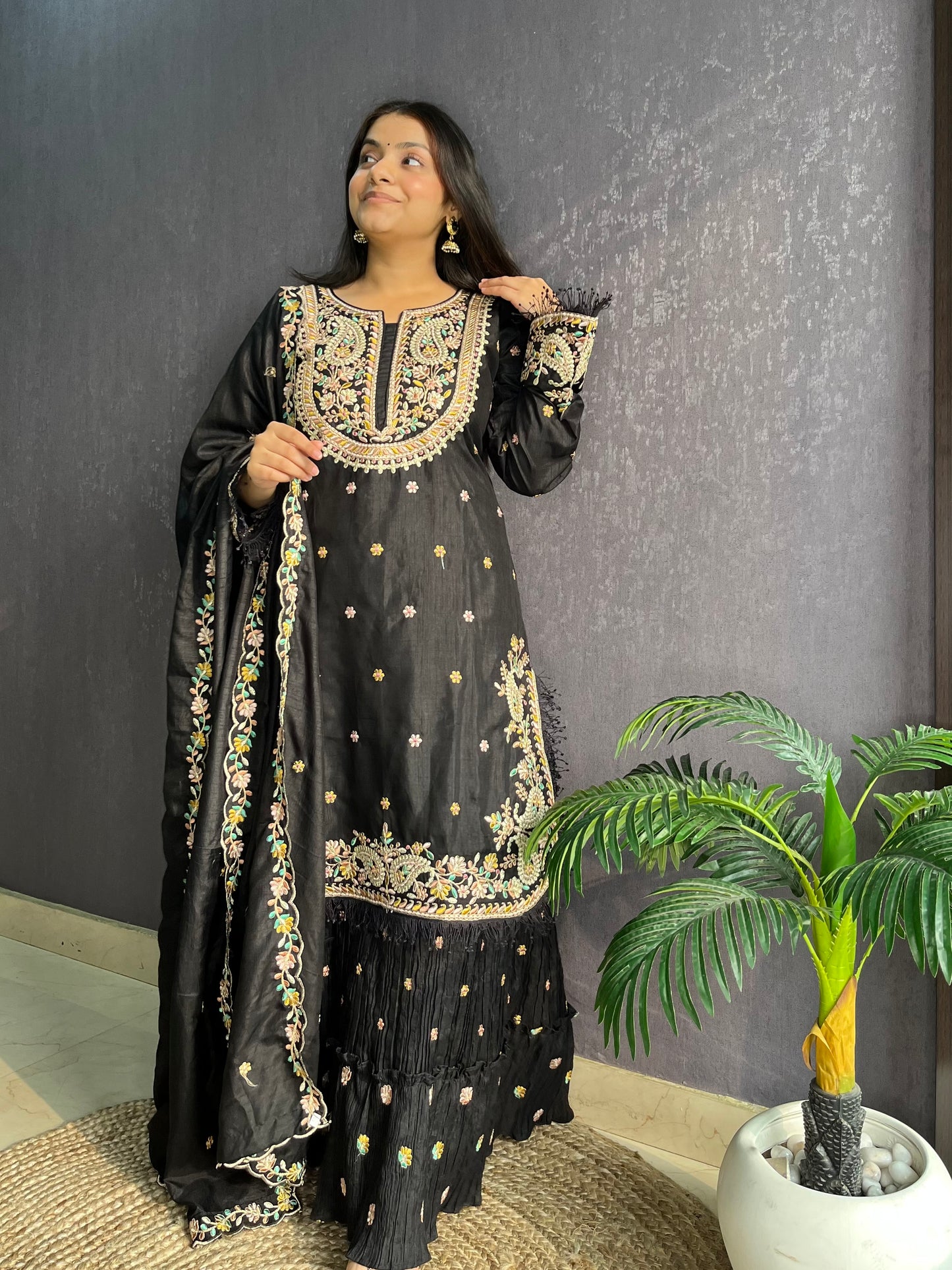 Silk embroidered shrara suit