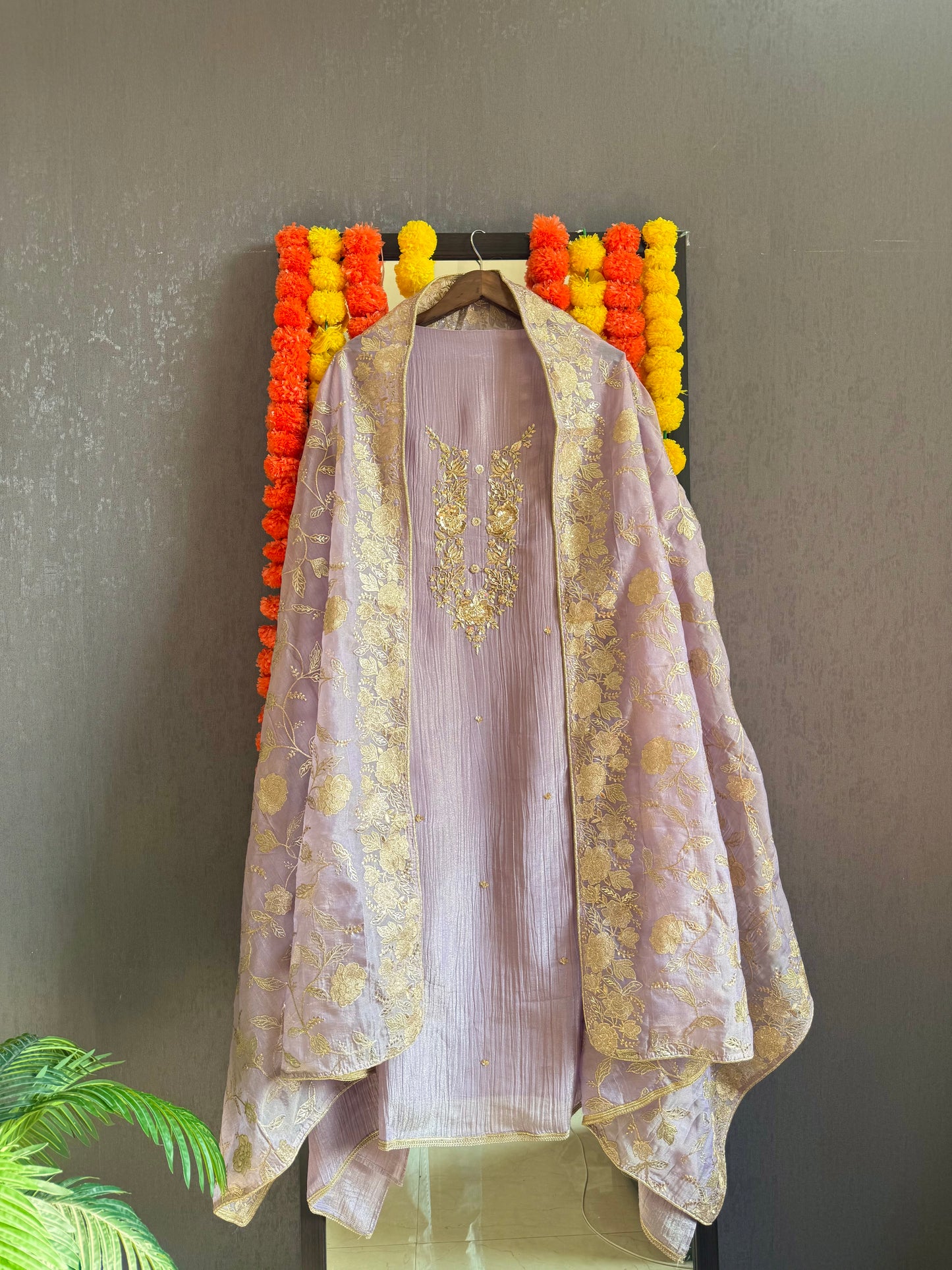 Luxurious crush tissue zardozi embroidered suit