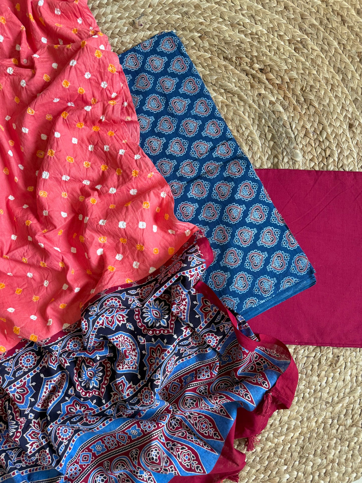 Pure cotton ajrakh bandhani suits