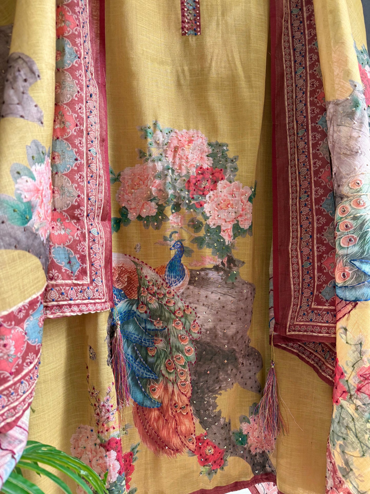 Pure linen peacock kantha work suit