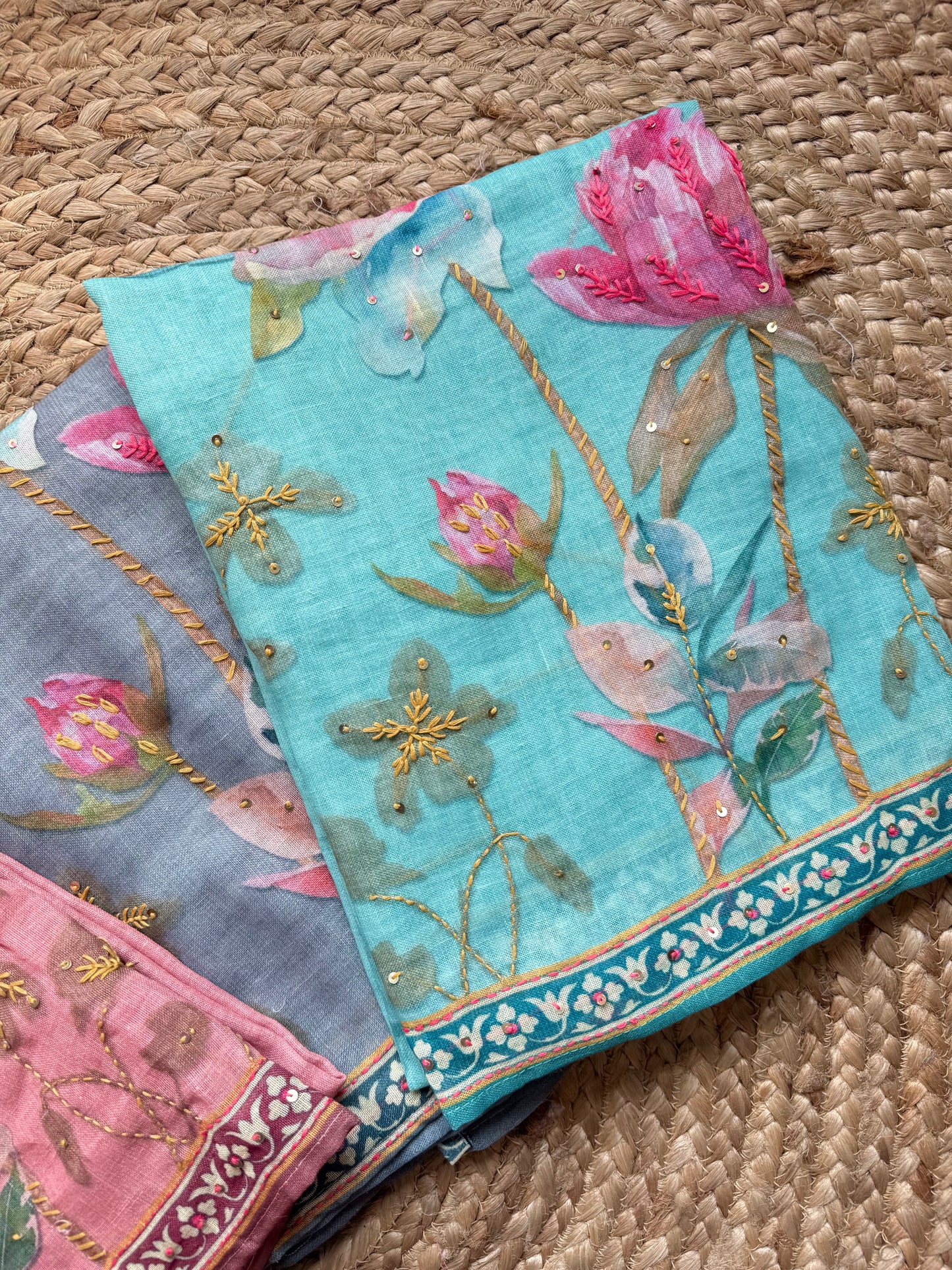 Pure linen lotus kantha work suit