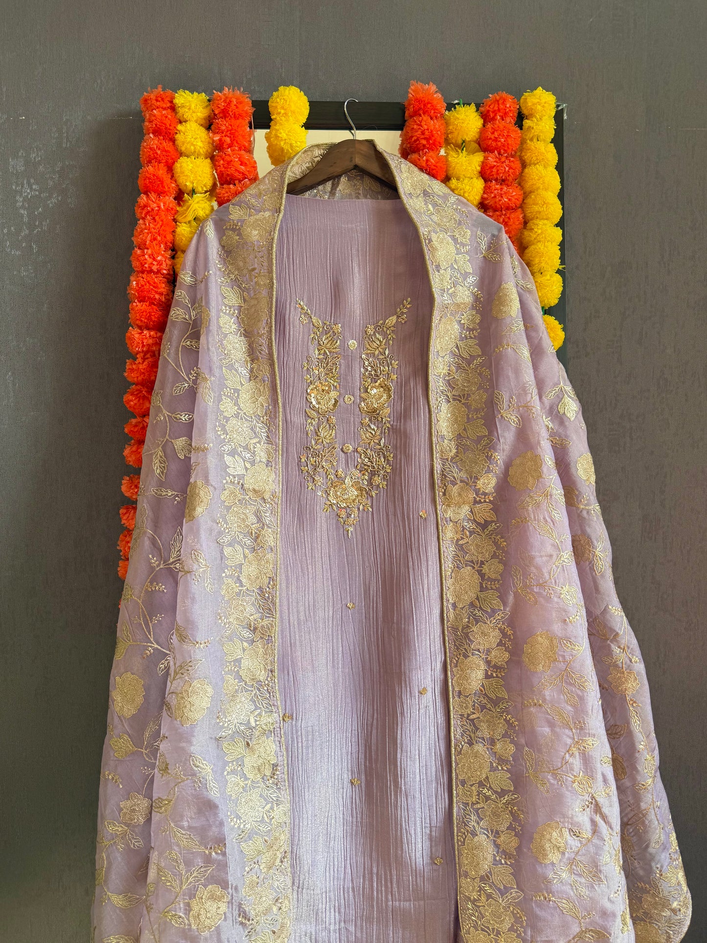 Luxurious crush tissue zardozi embroidered suit