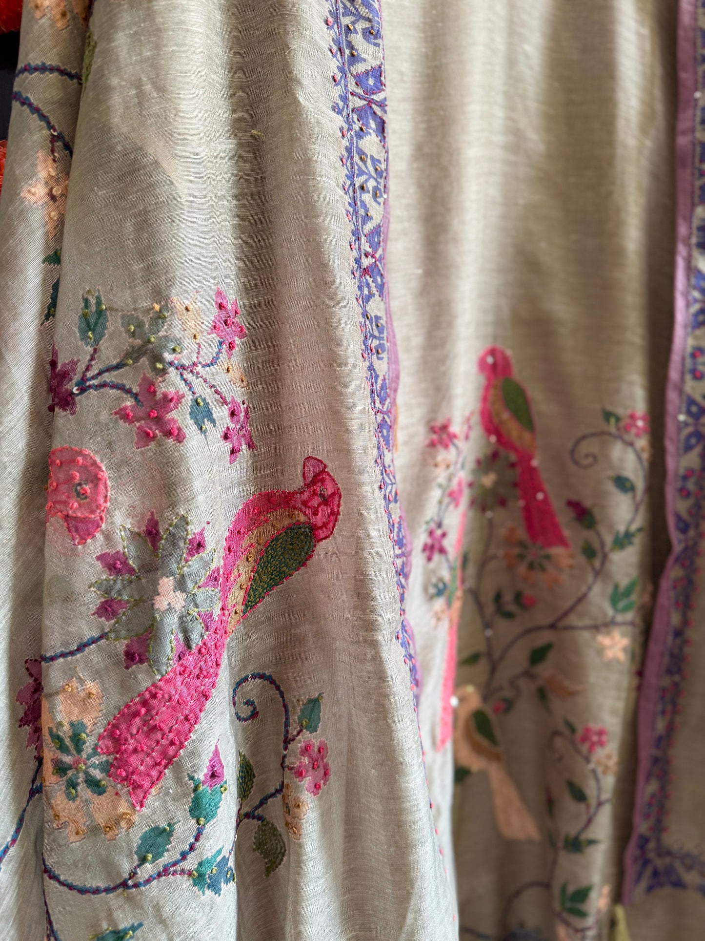 Pure linen birds frenchknot kantha work suit