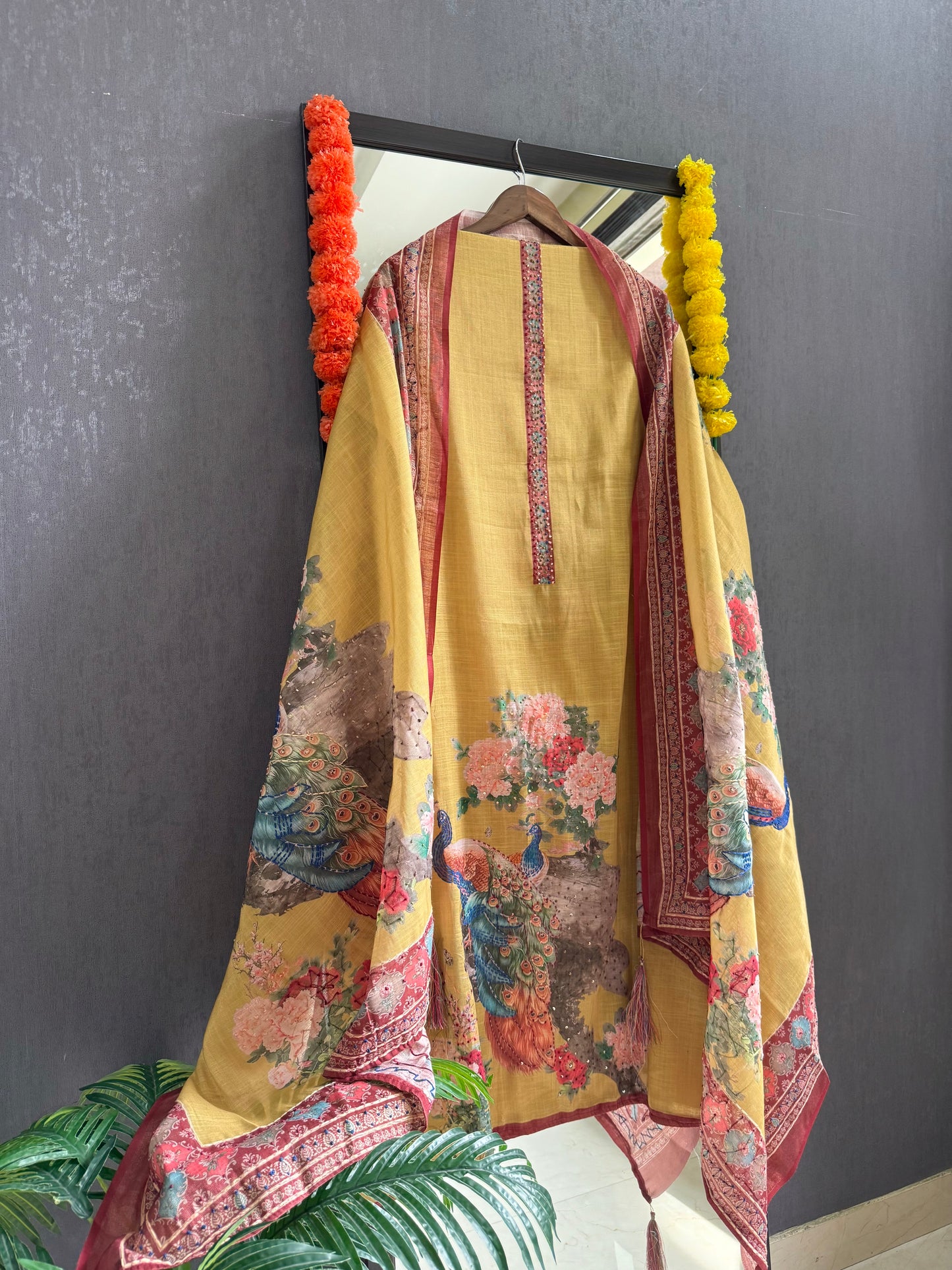 Pure linen peacock kantha work suit