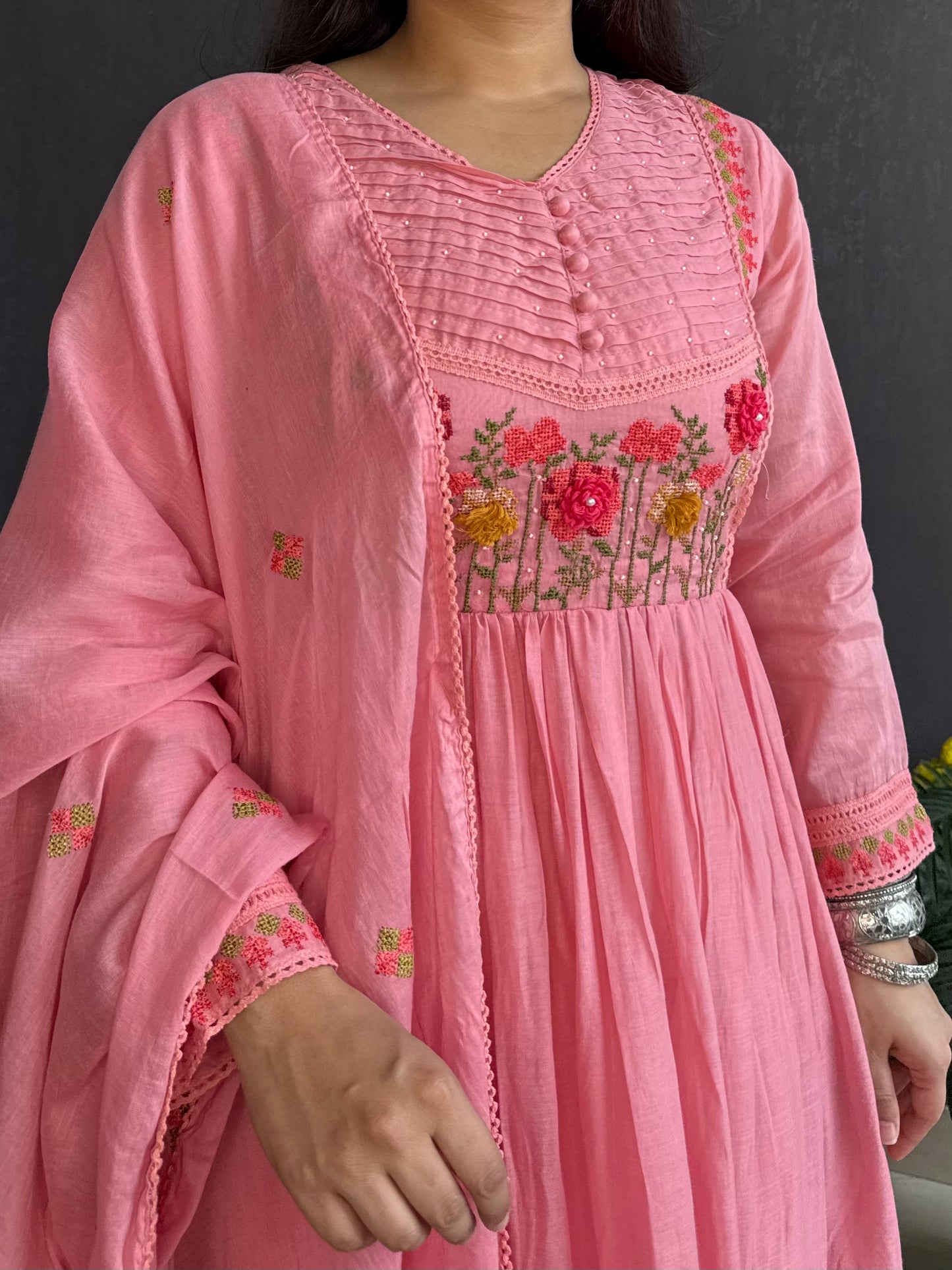 Mal cotton roses embroidered french knot Anarkali