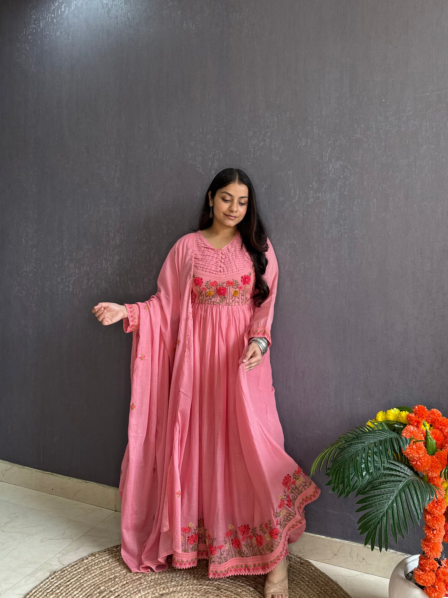 Mal cotton roses embroidered french knot Anarkali