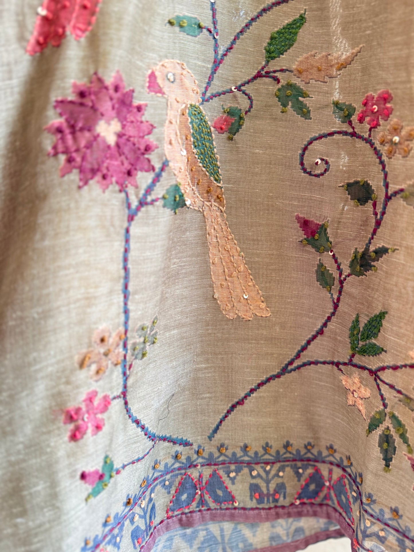 Pure linen birds frenchknot kantha work suit