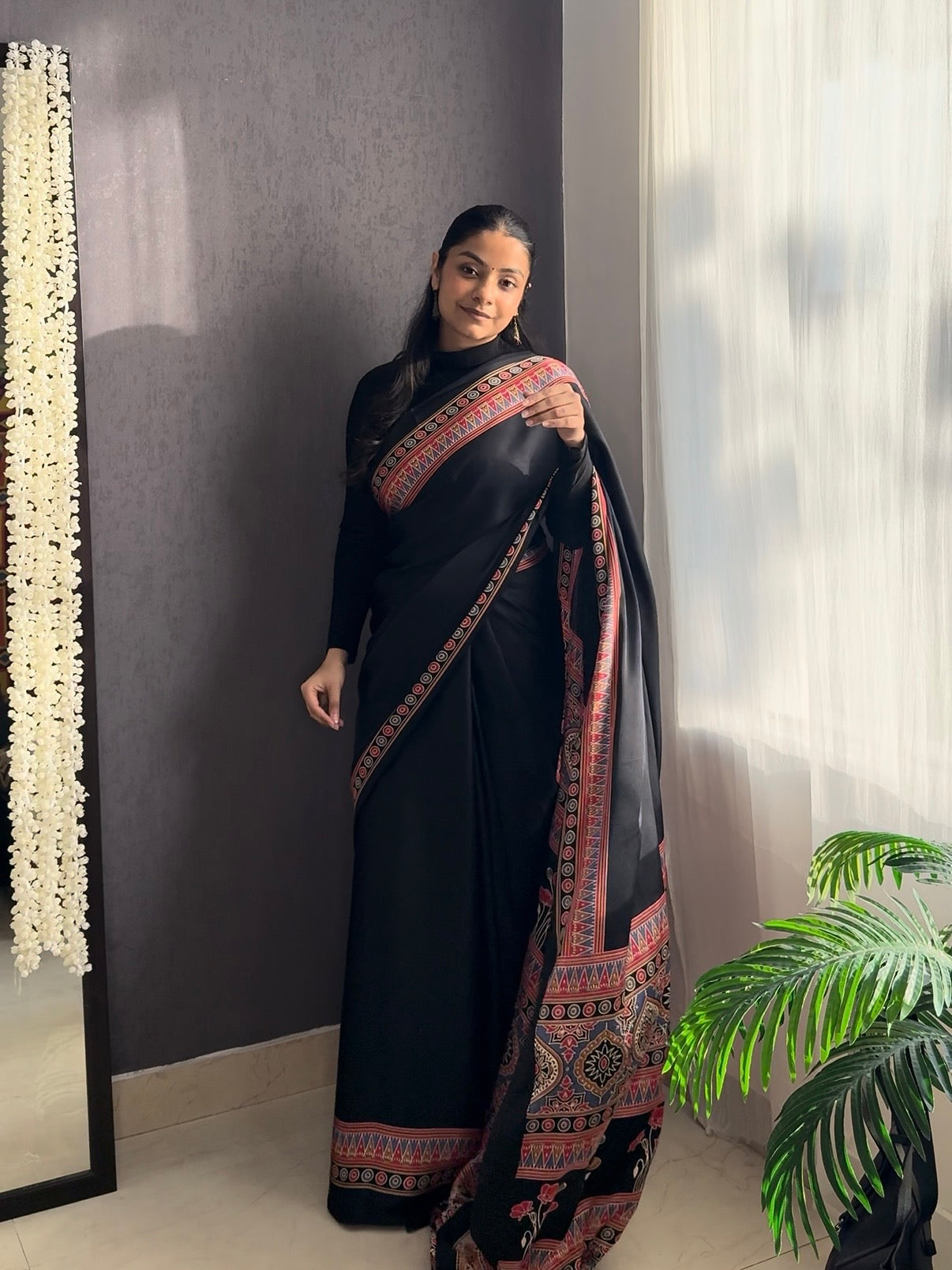 Satin crepe Ajrakh printed saree