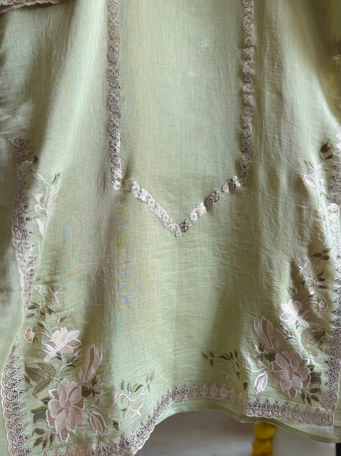 Luxurious Mul chanderi gold appliqué work suit