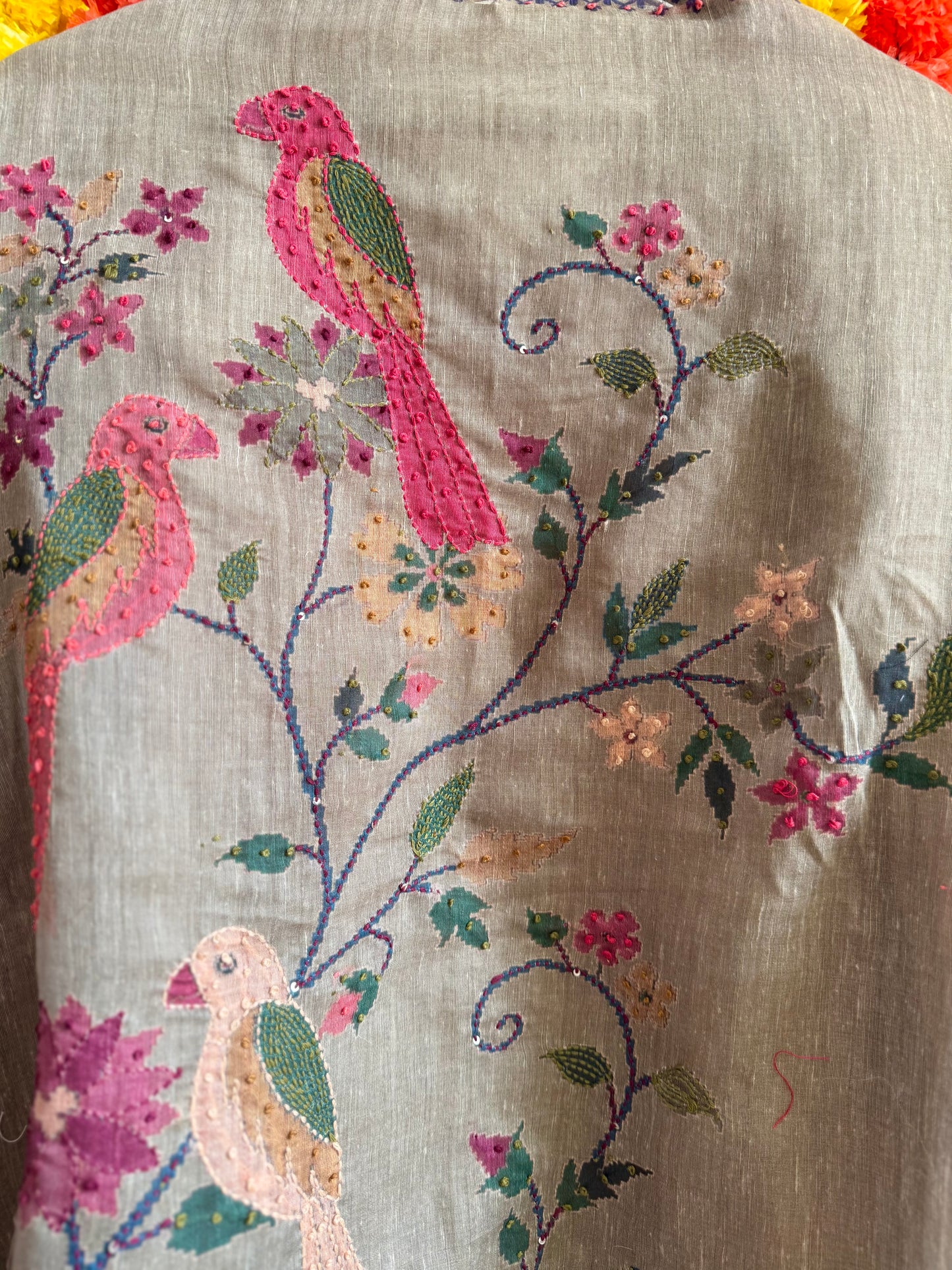 Pure linen birds frenchknot kantha work suit