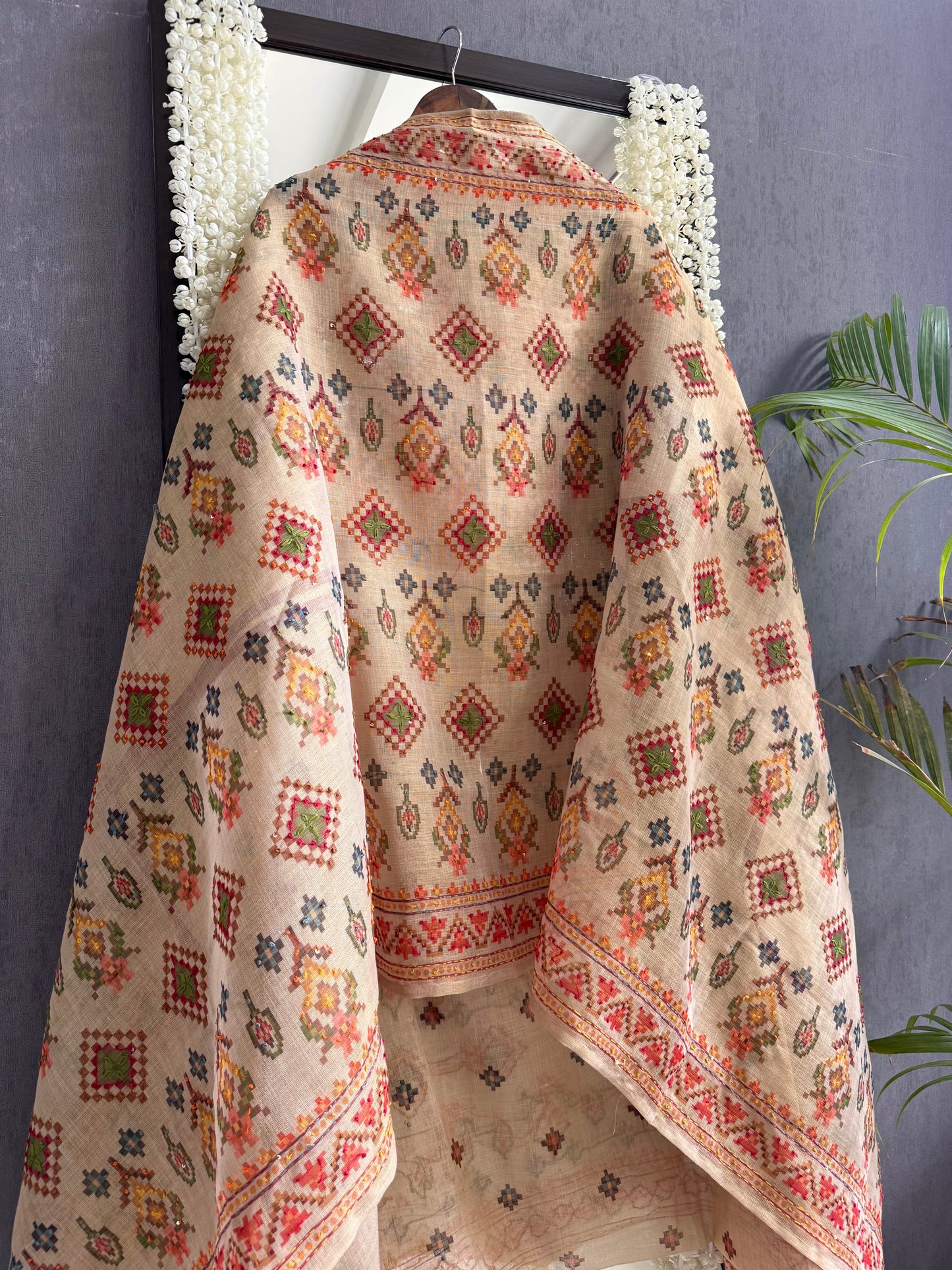 Linen ikkat Frenchknot kantha work suit