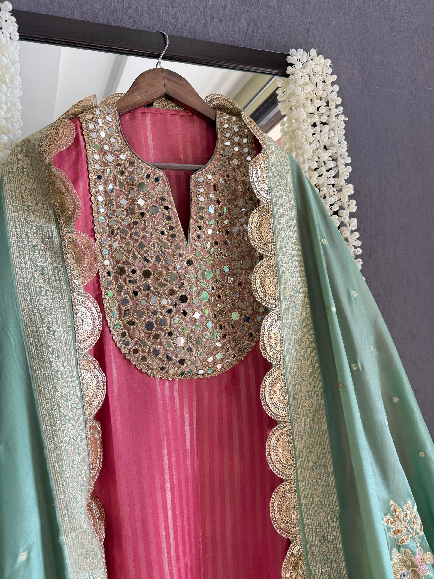 Premium Mirror work tissue benarsi suit