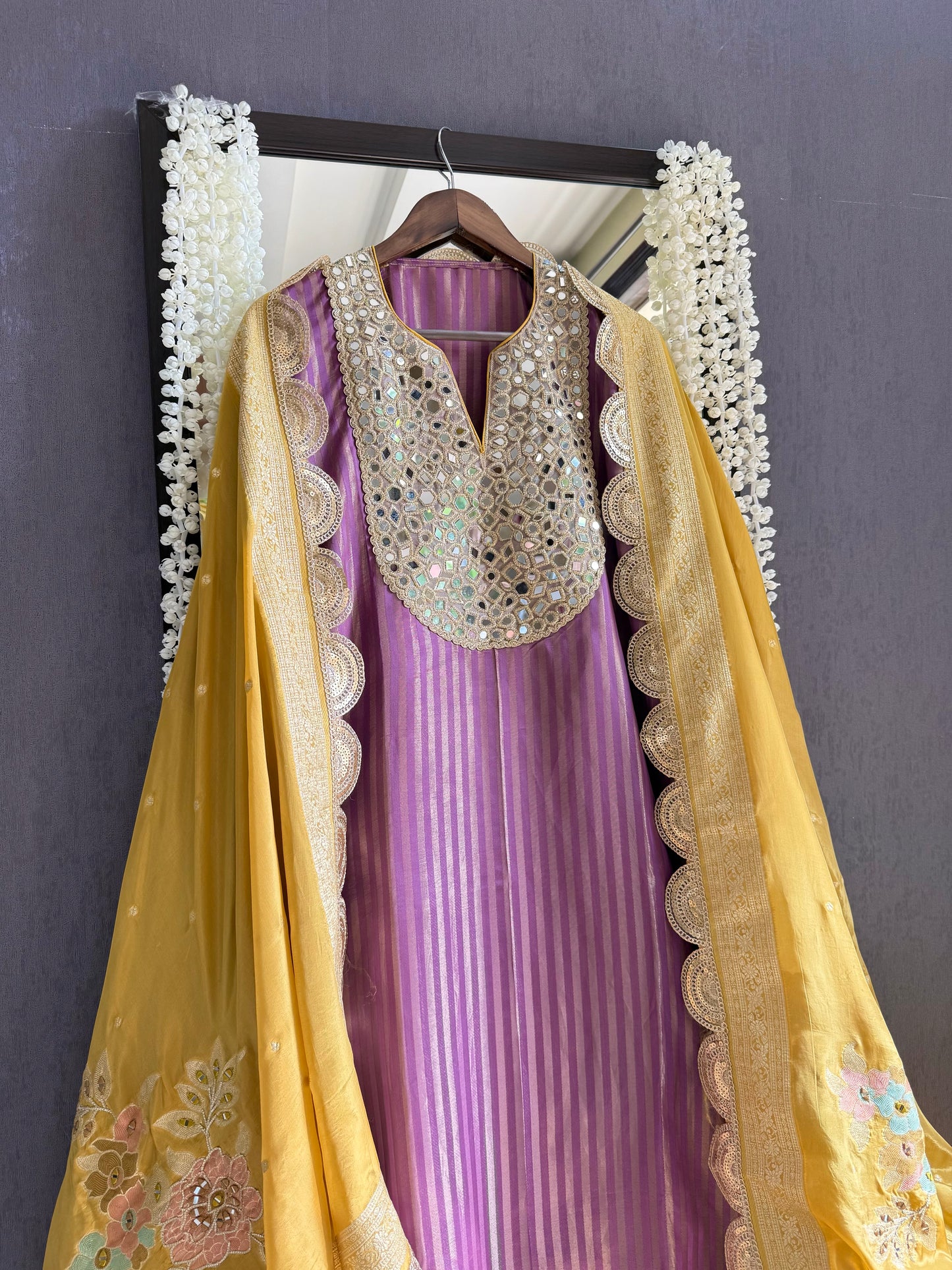 Premium Mirror work tissue benarsi suit