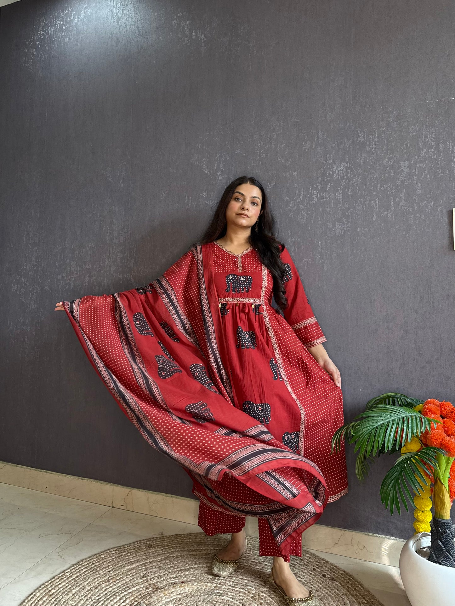 Ajrakh elephants handwork A line suit set