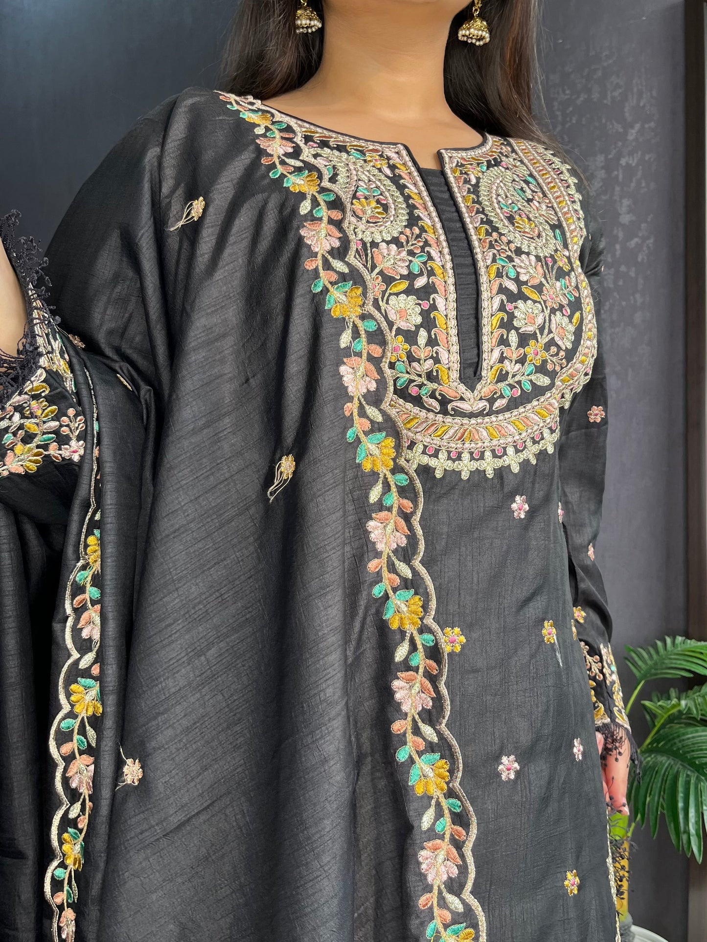 Silk embroidered shrara suit