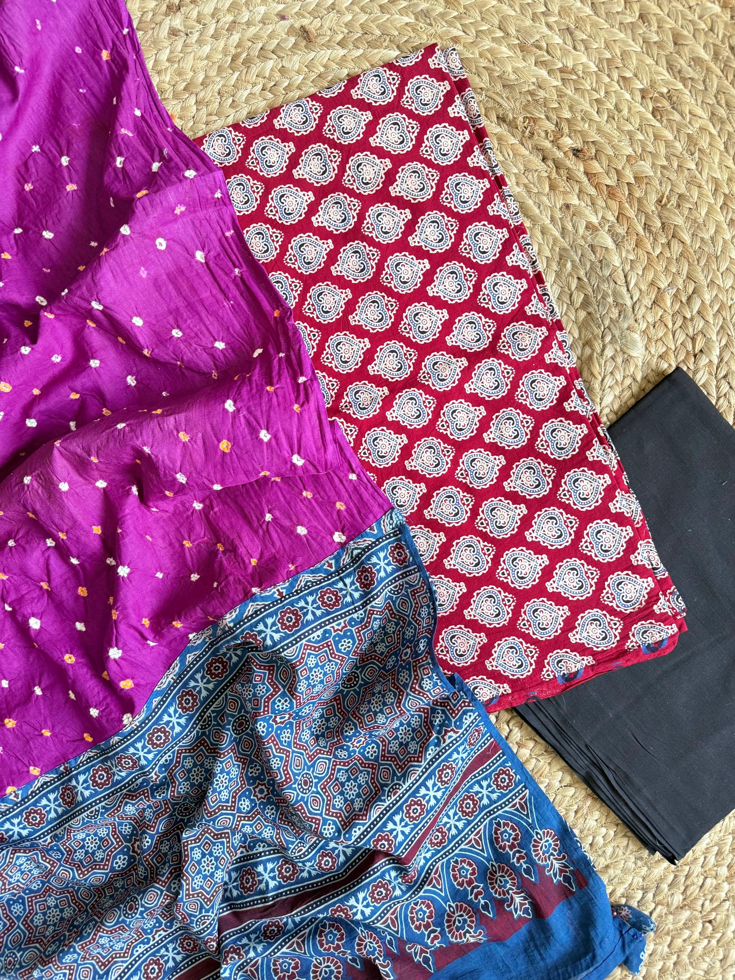 Pure cotton ajrakh bandhani suits
