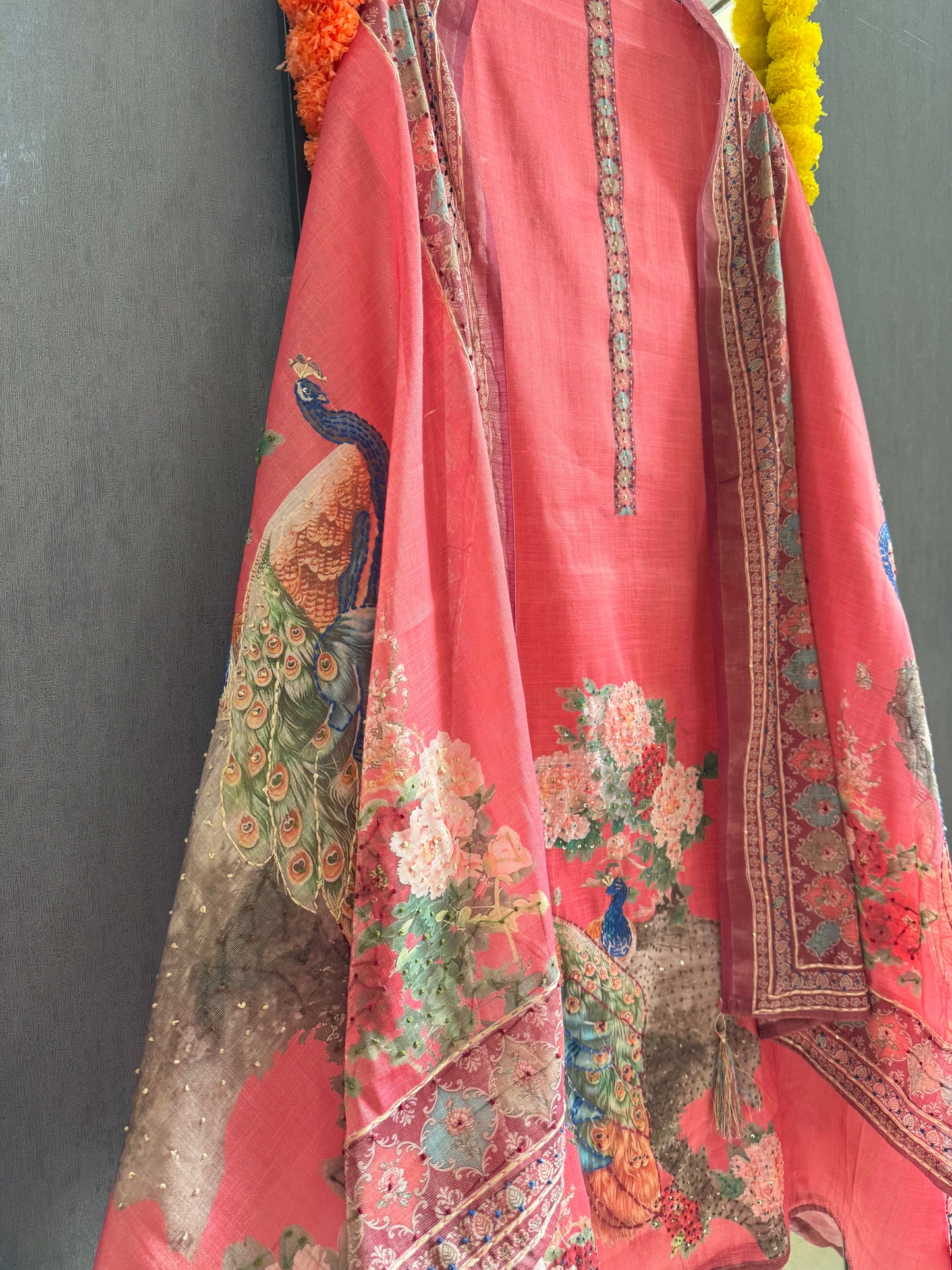 Pure linen peacock kantha work suit