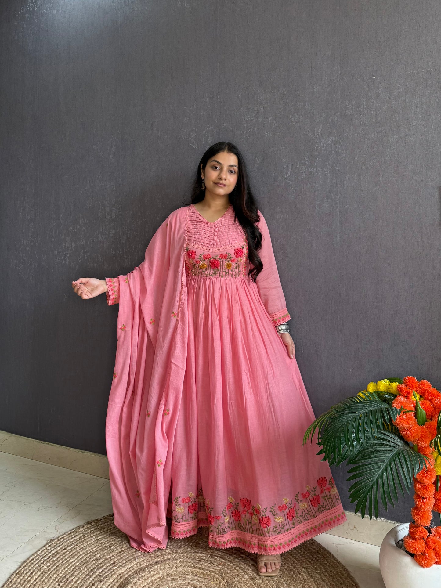 Mal cotton roses embroidered french knot Anarkali